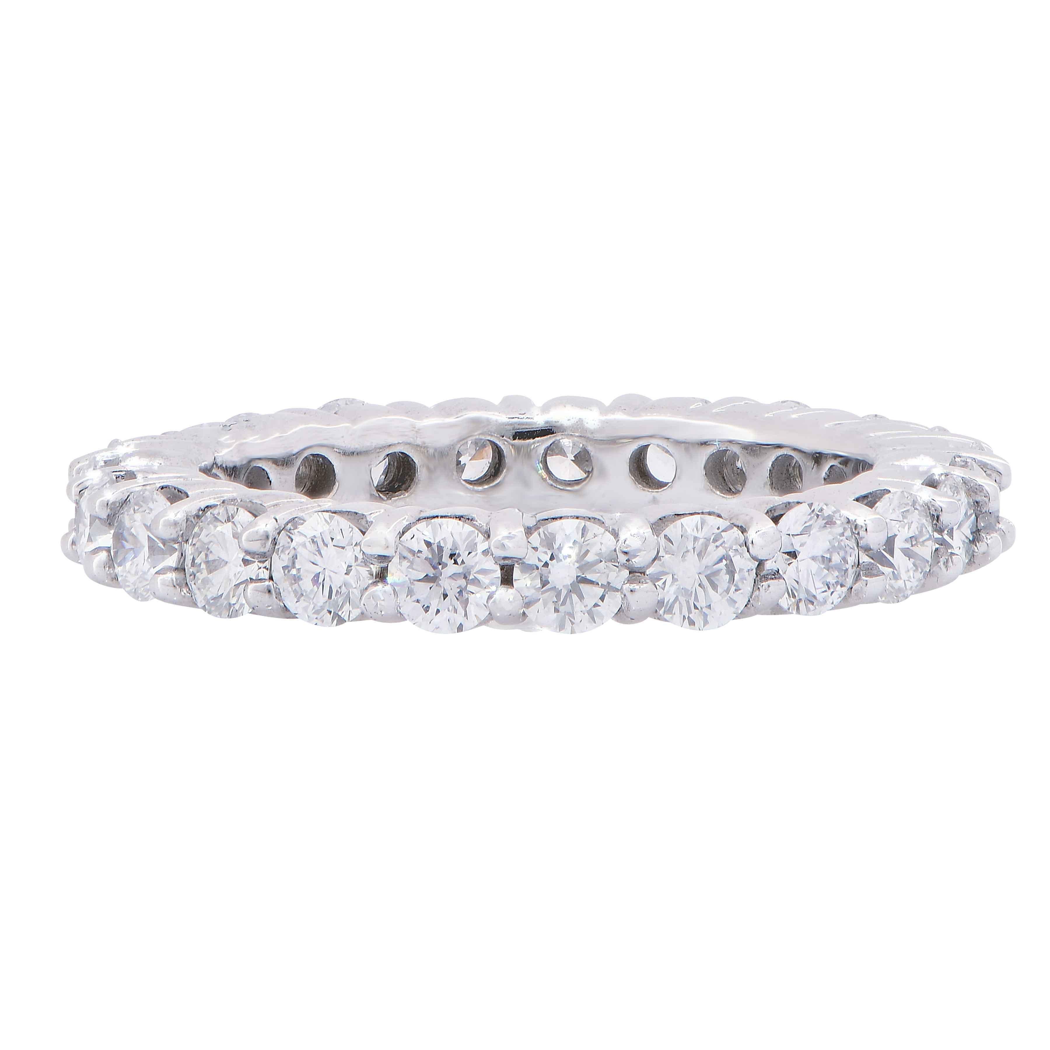 2 Carats Round Brilliant Cut 18 Karat White Gold Eternity Band features 23 round brilliant cut diamonds G/H Color VS2/SI1 Clarity set in 18 Karat White Gold 
Ring Size: 5 1/4
Metal Type: 18 Karat White Gold
Metal Weight: 3.7 Grams