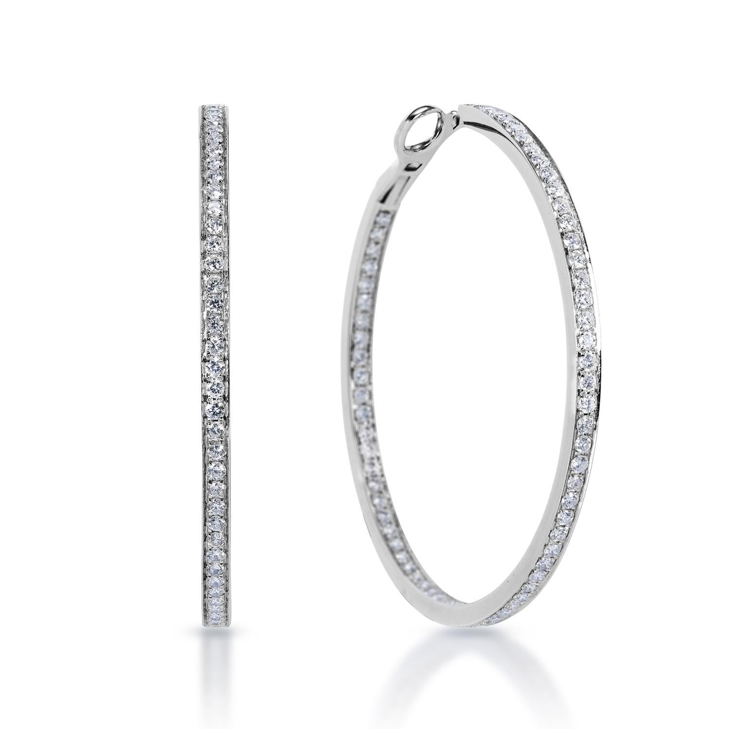 Diamond Hoop Earrings For Ladies:

Carat Weight: 2.48 Carats
Shape: Round Brilliant Cut
Metal: 14Karat White Gold 12.95 Grams
Style: Hoop Earrings