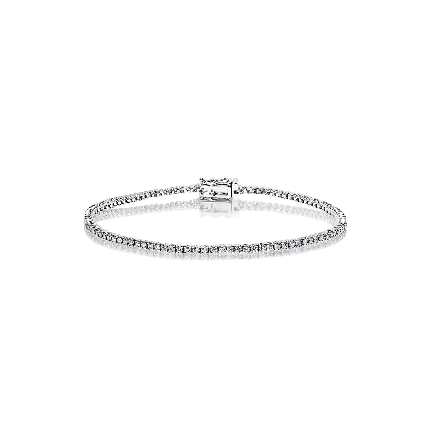The IVANNA 2 Carat Single Diamond Tennis Bracelet features Round Brilliant CUT DIAMONDS brilliants weighing a total of approximately 2 carats, set in 14K White Gold.

Style:
Diamonds
Diamond Size: 2.00 Carats
Diamond Shape: Round Brilliant