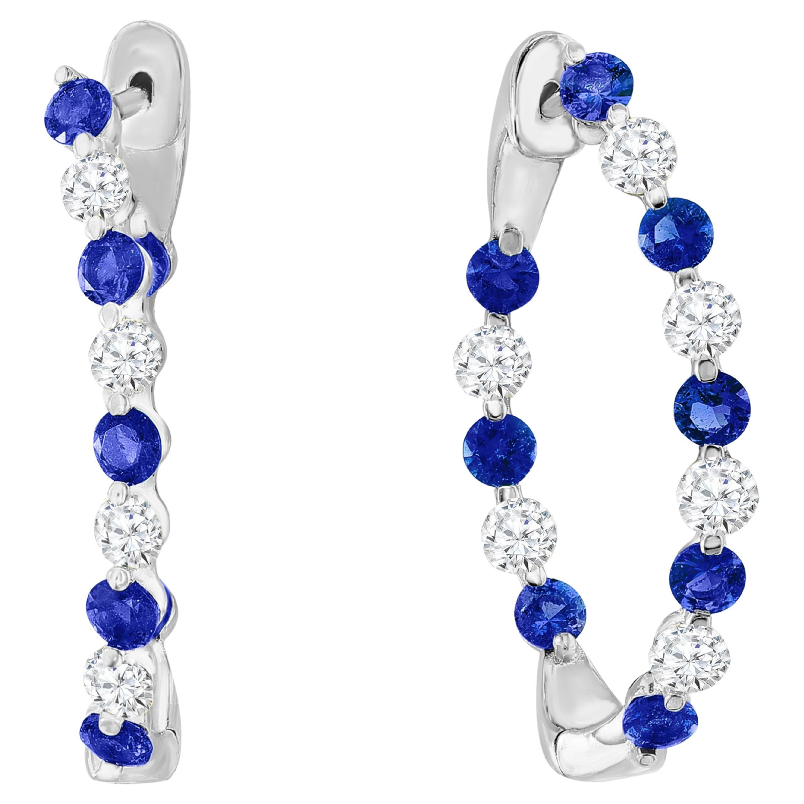 2 Carat Round Cut Blue Sapphire and Diamond Hoop Earrings in 14K White Gold For Sale