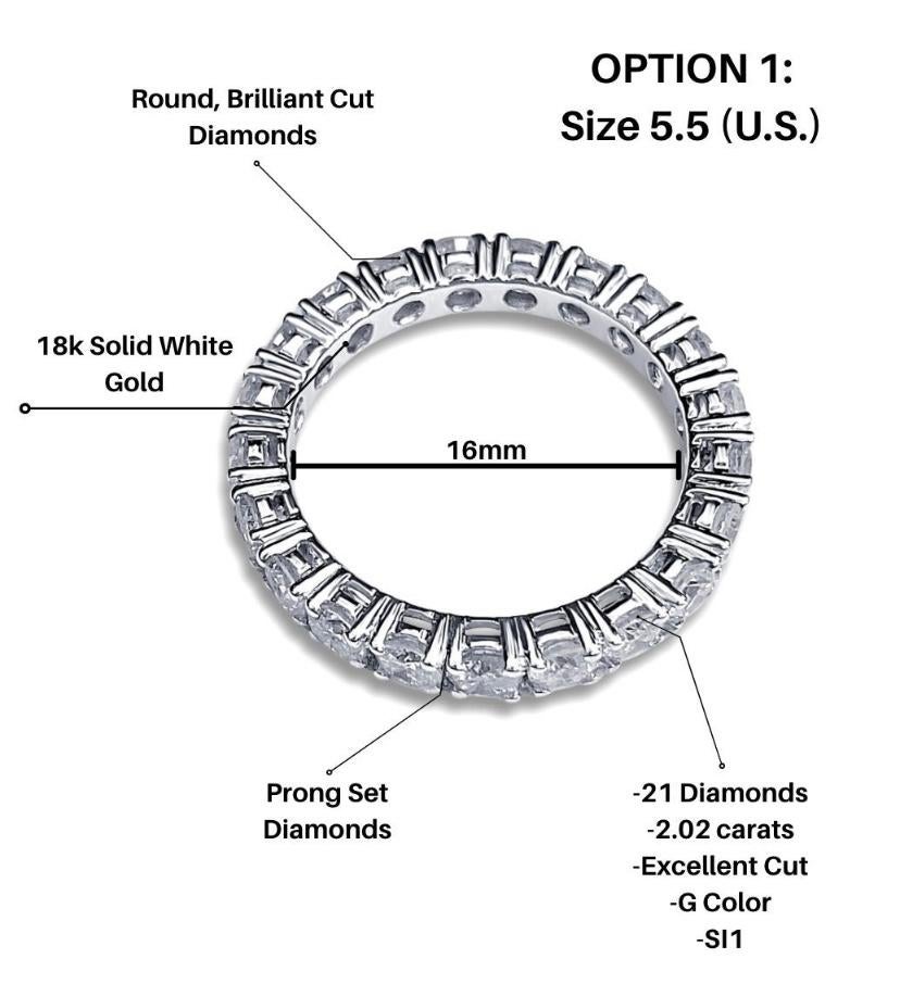 Natural diamond wedding band with diamonds full encompassing  all the way around. This gorgeous natural diamond band is ideal for stacking or wearing alone. Rings come in size 5.5 (U.S.) and size 7 (U.S.) and cannot be resized. All G color and