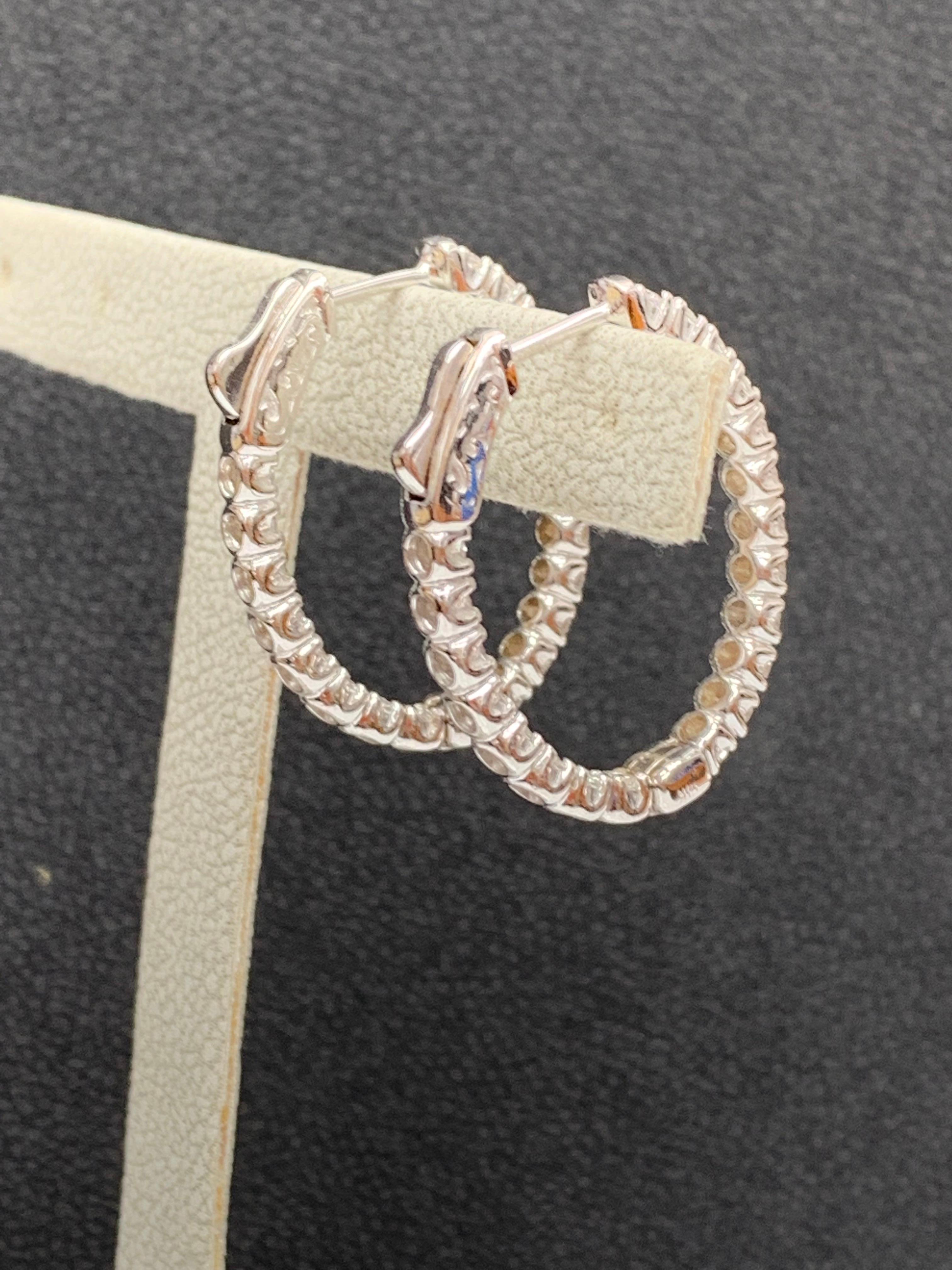 Modern 2 Carat Round Cut Diamond Hoop Earrings in 14k White Gold For Sale