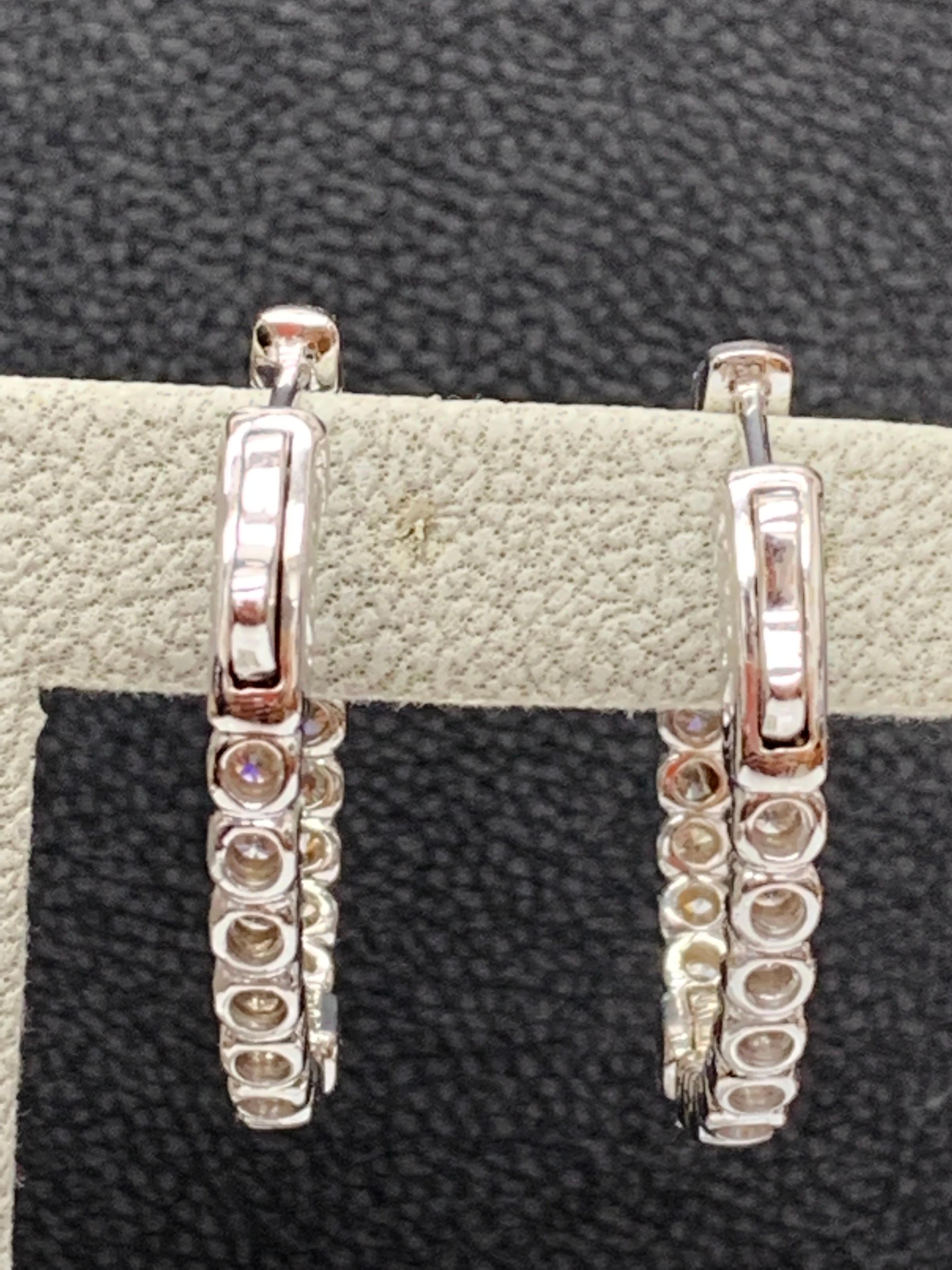 Women's 2 Carat Round Cut Diamond Hoop Earrings in 14k White Gold For Sale