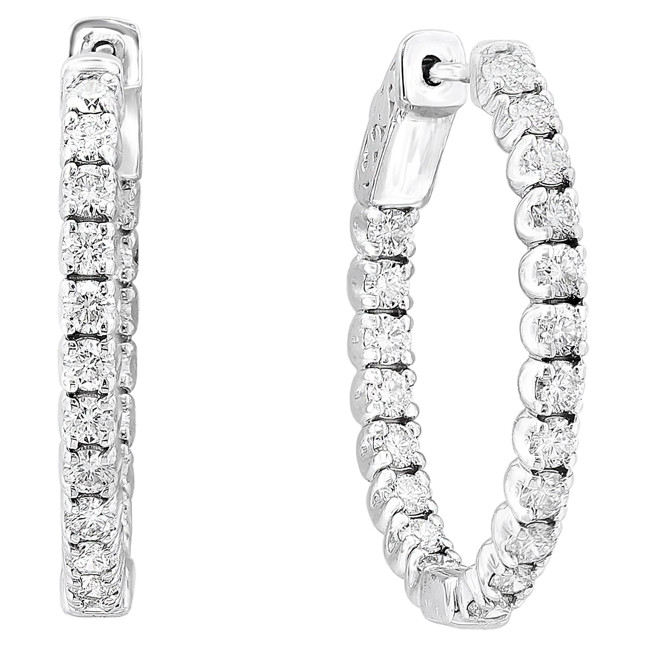 2 Carat Round Cut Diamond Hoop Earrings in 14k White Gold For Sale