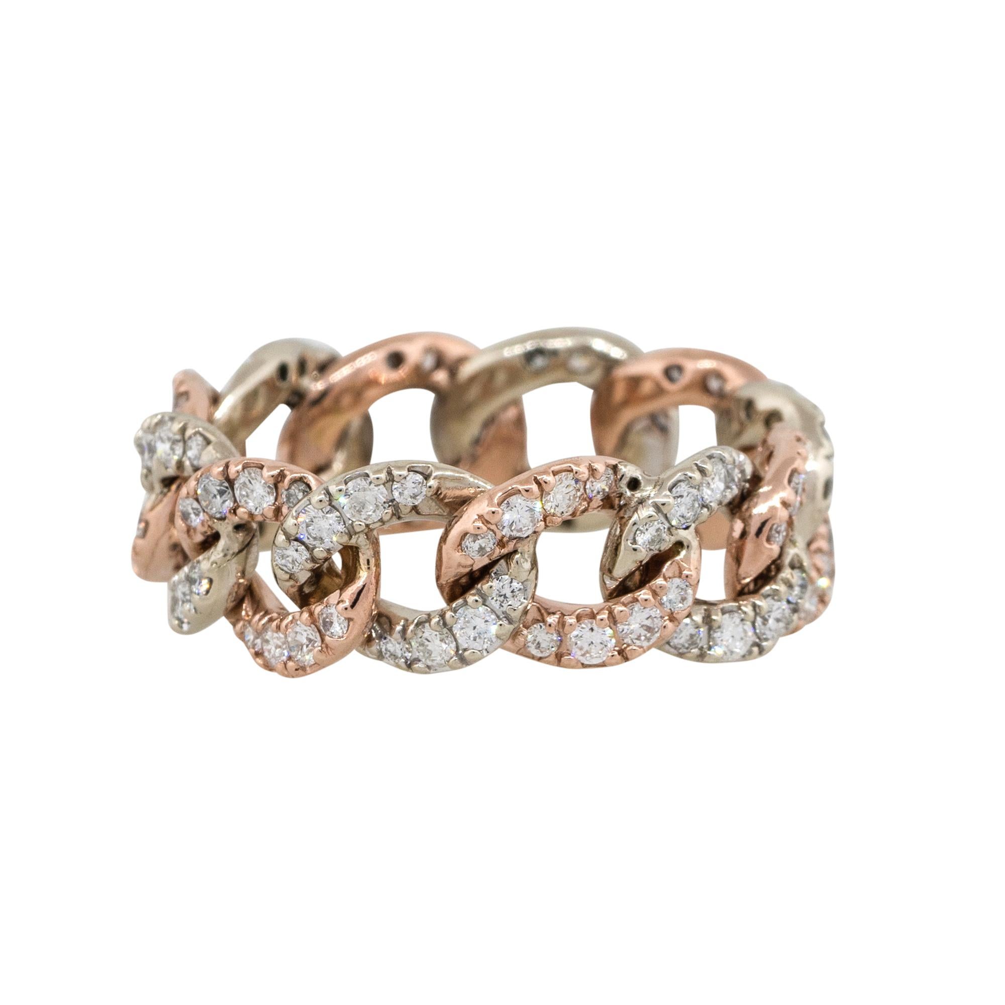Material: Oro blanco y rosa de 14 quilates
Detalles de los diamantes: Aprox. 2ctw de Diamantes de talla redonda. Diamantes de color G/H y claridad VS
Tamaño del anillo: 10,75 
Medidas del anillo: 25 mm x 8 mm x 25 mm
Peso total: 7,4 g (4,7