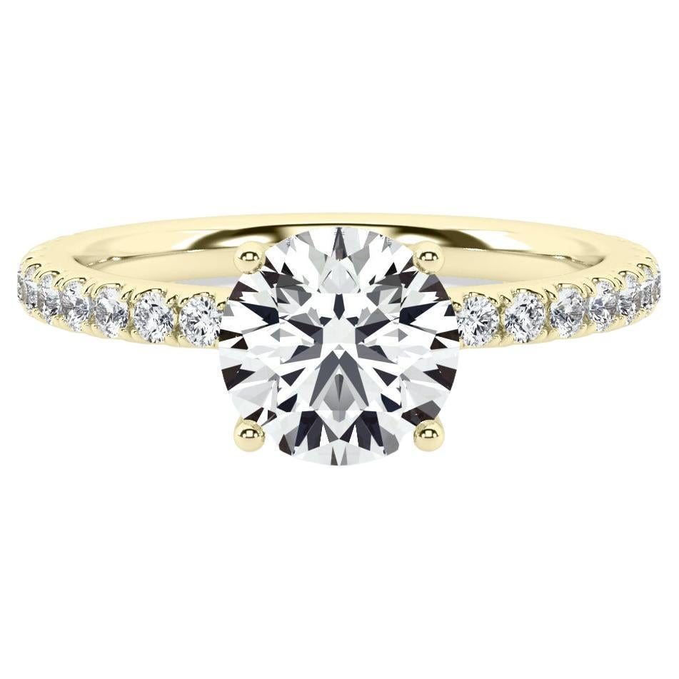 2 Carat Round Diamond Engagement Ring with Delicate Pave Setting 14k Yellow For Sale