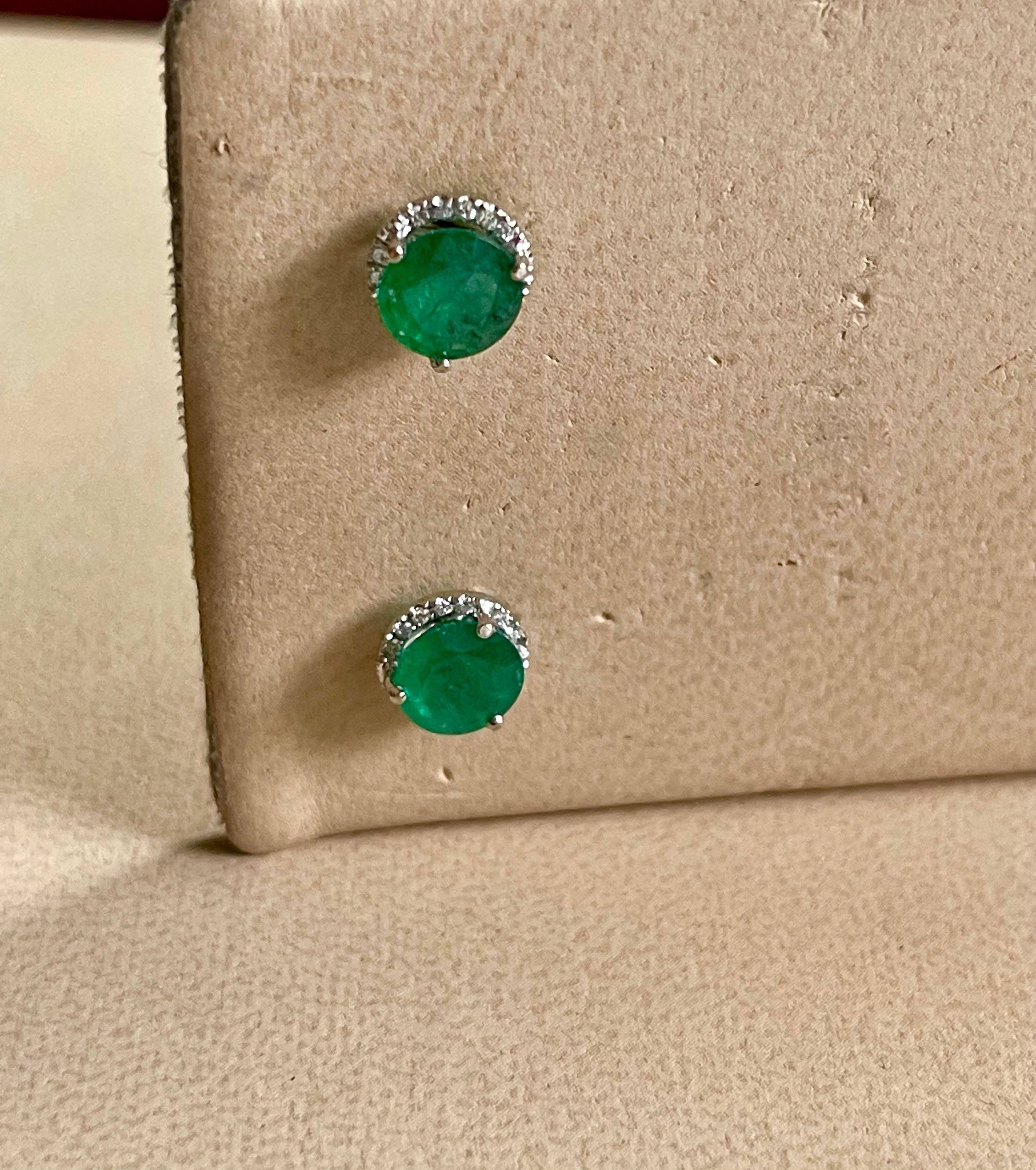 2 Carat Round Natural Emerald & Diamond Stud Post Earrings 14 Karat White Gold 5