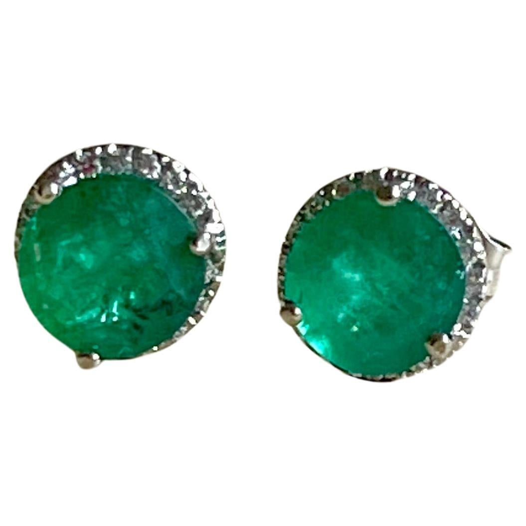 2 Carat Round Natural Emerald & Diamond Stud Post Earrings 14 Karat White Gold In New Condition In New York, NY