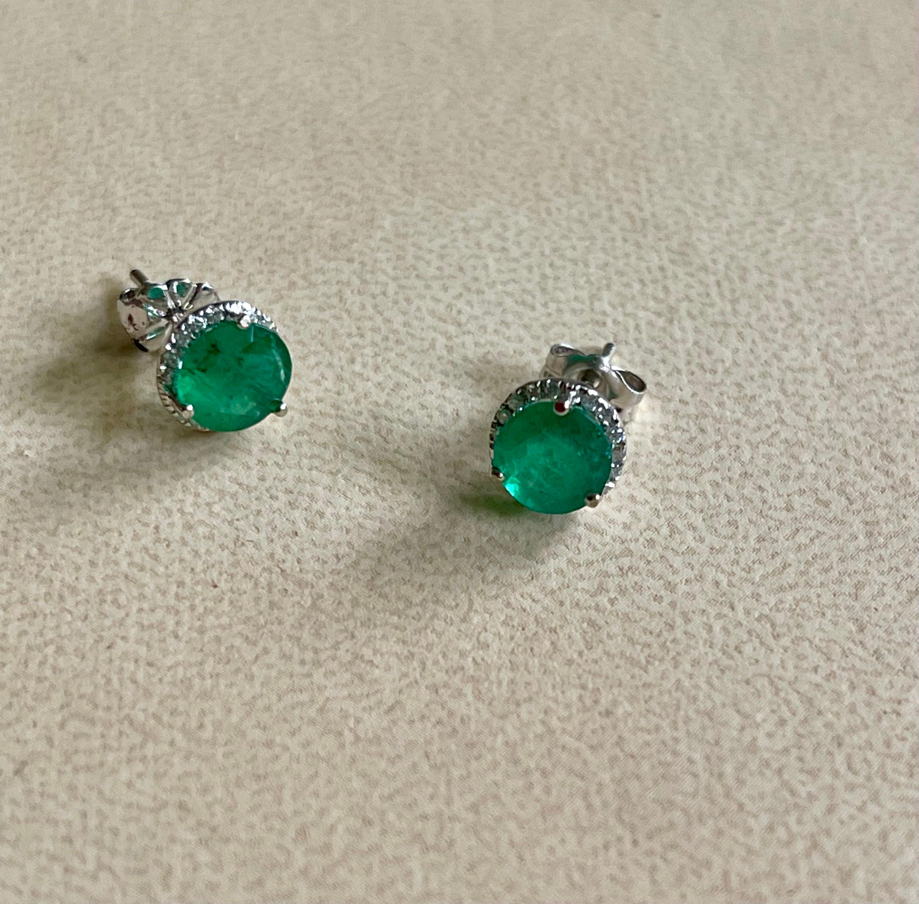 2 Carat Round Natural Emerald & Diamond Stud Post Earrings 14 Karat White Gold 1