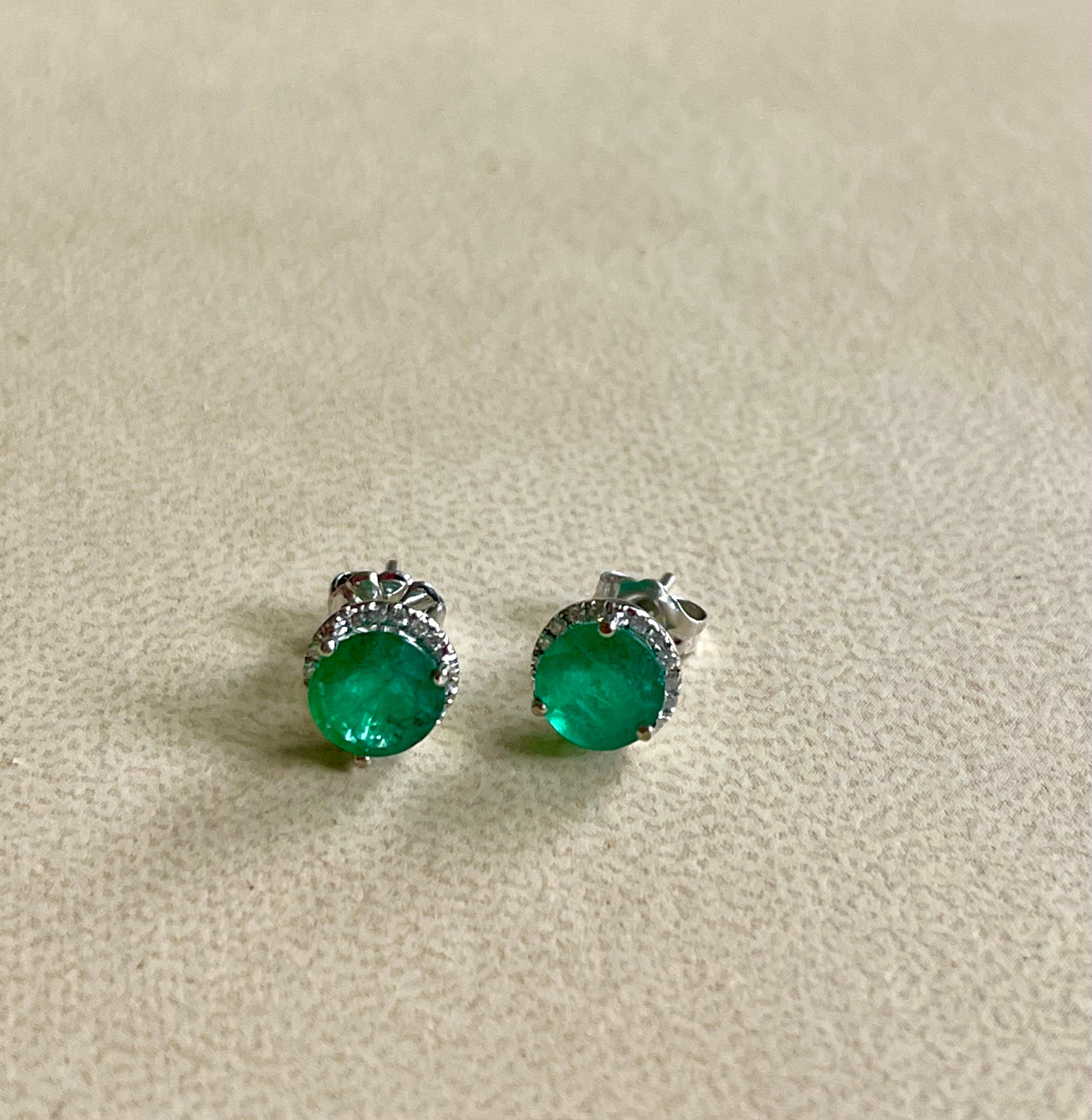 2 Carat Round Natural Emerald & Diamond Stud Post Earrings 14 Karat White Gold 2