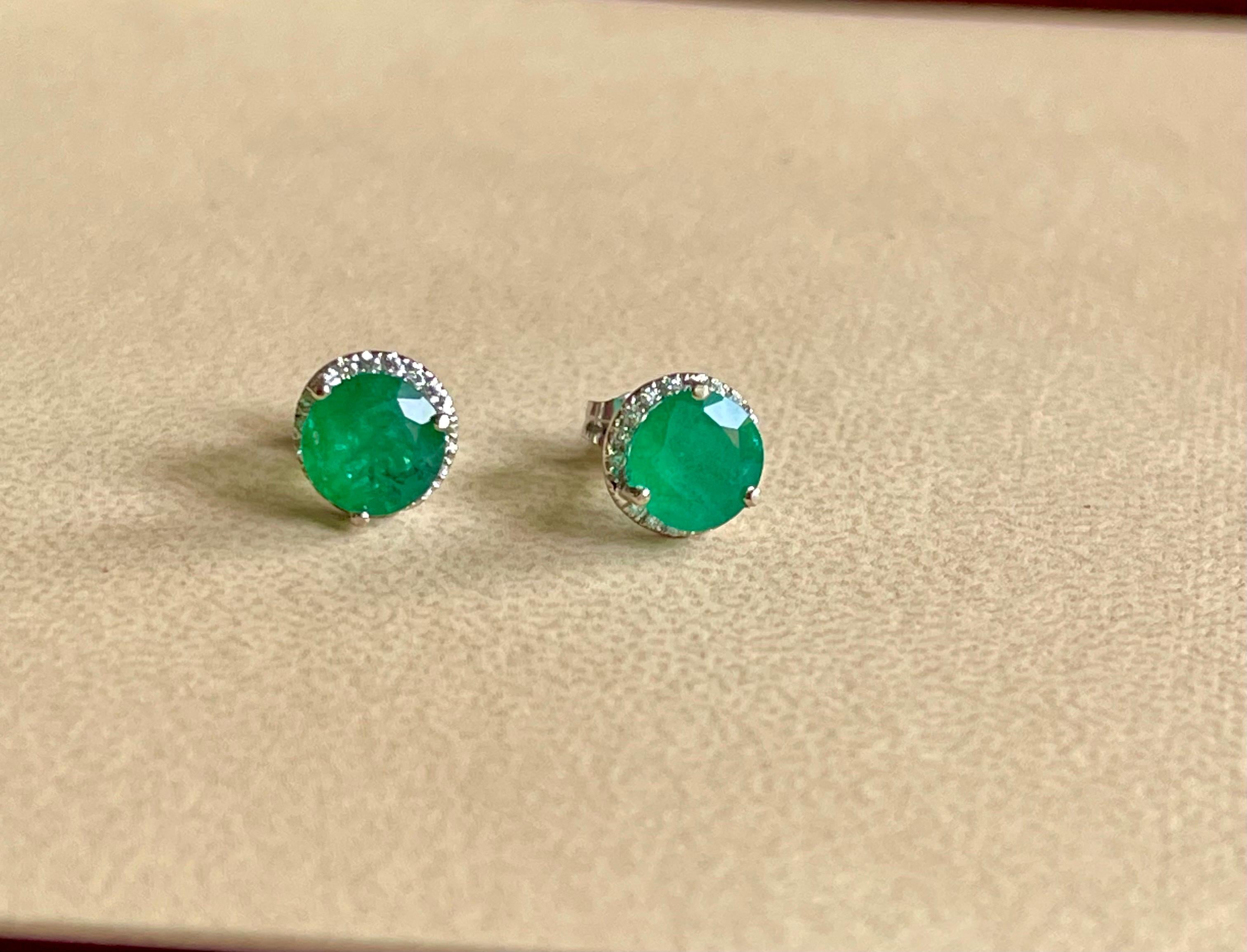 2 Carat Round Natural Emerald & Diamond Stud Post Earrings 14 Karat White Gold 3
