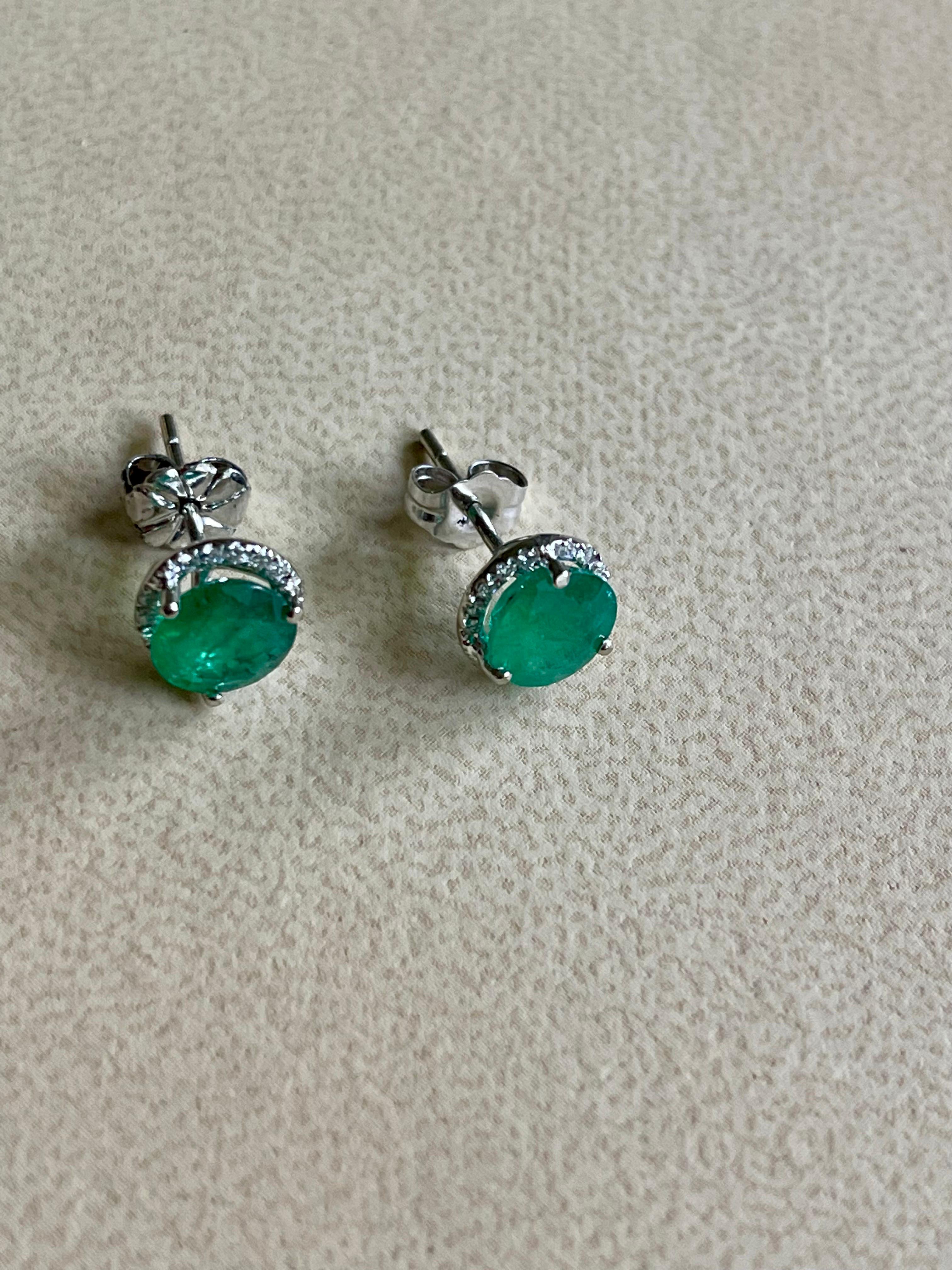 2 Carat Round Natural Emerald & Diamond Stud Post Earrings 14 Karat White Gold 4