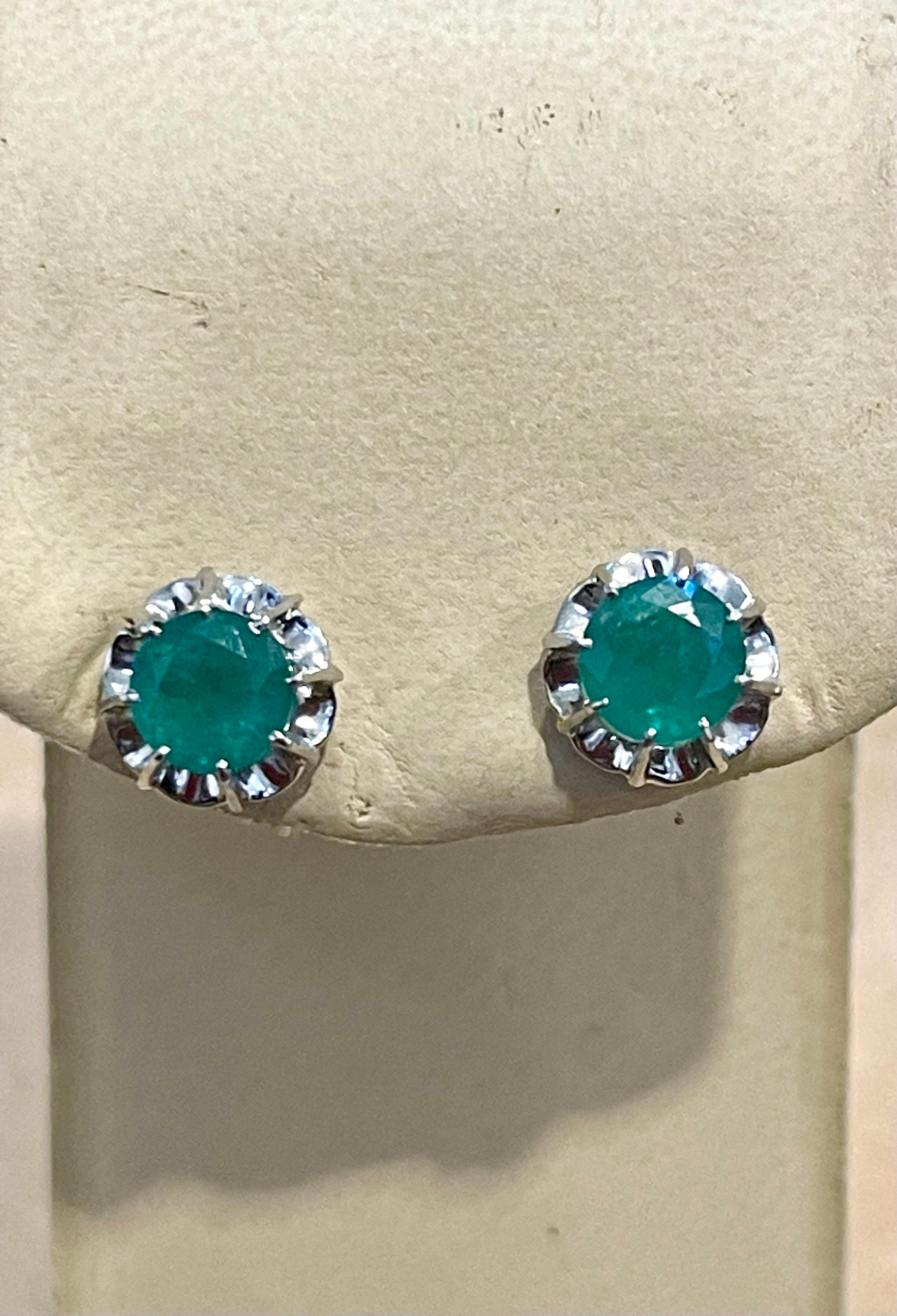 Women's 2 Carat Round Natural Emerald Stud Post Earrings 18 Karat White Gold For Sale