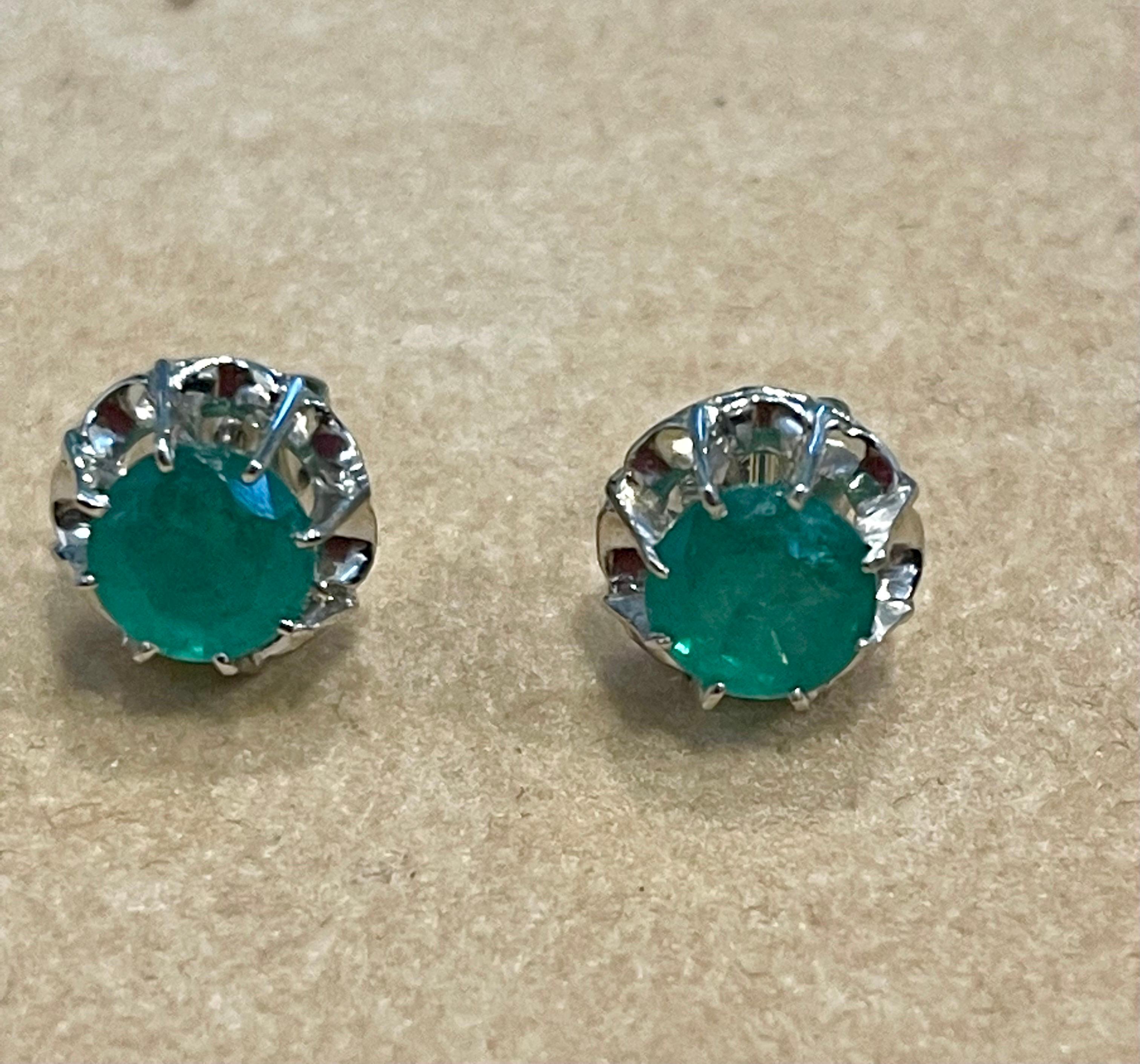 2 Carat Round Natural Emerald Stud Post Earrings 18 Karat White Gold For Sale 3