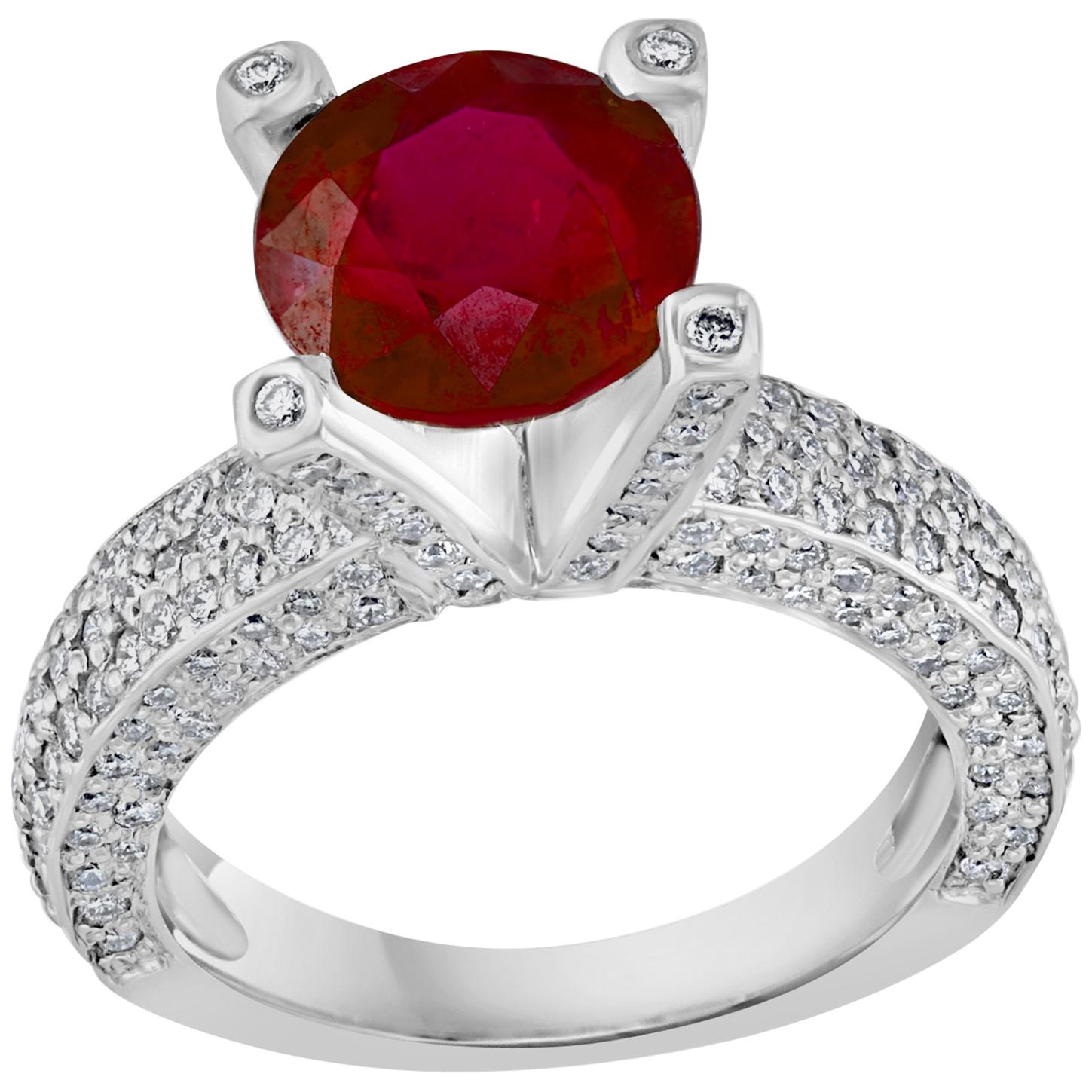 2 Carat Round Treated Ruby and Diamond Platinum Ring