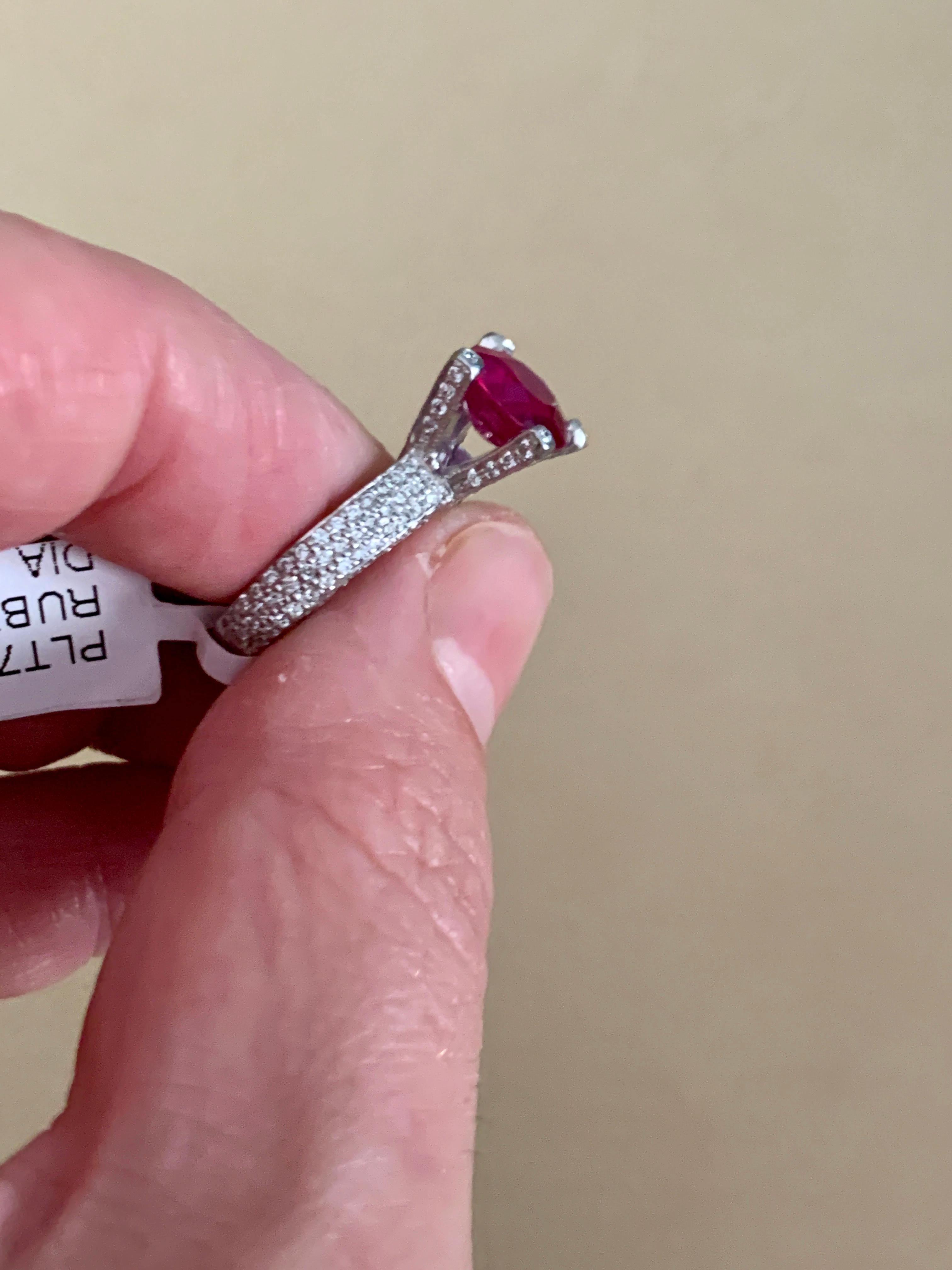 2 Carat Round Treated Ruby and Diamond Platinum Ring For Sale 5
