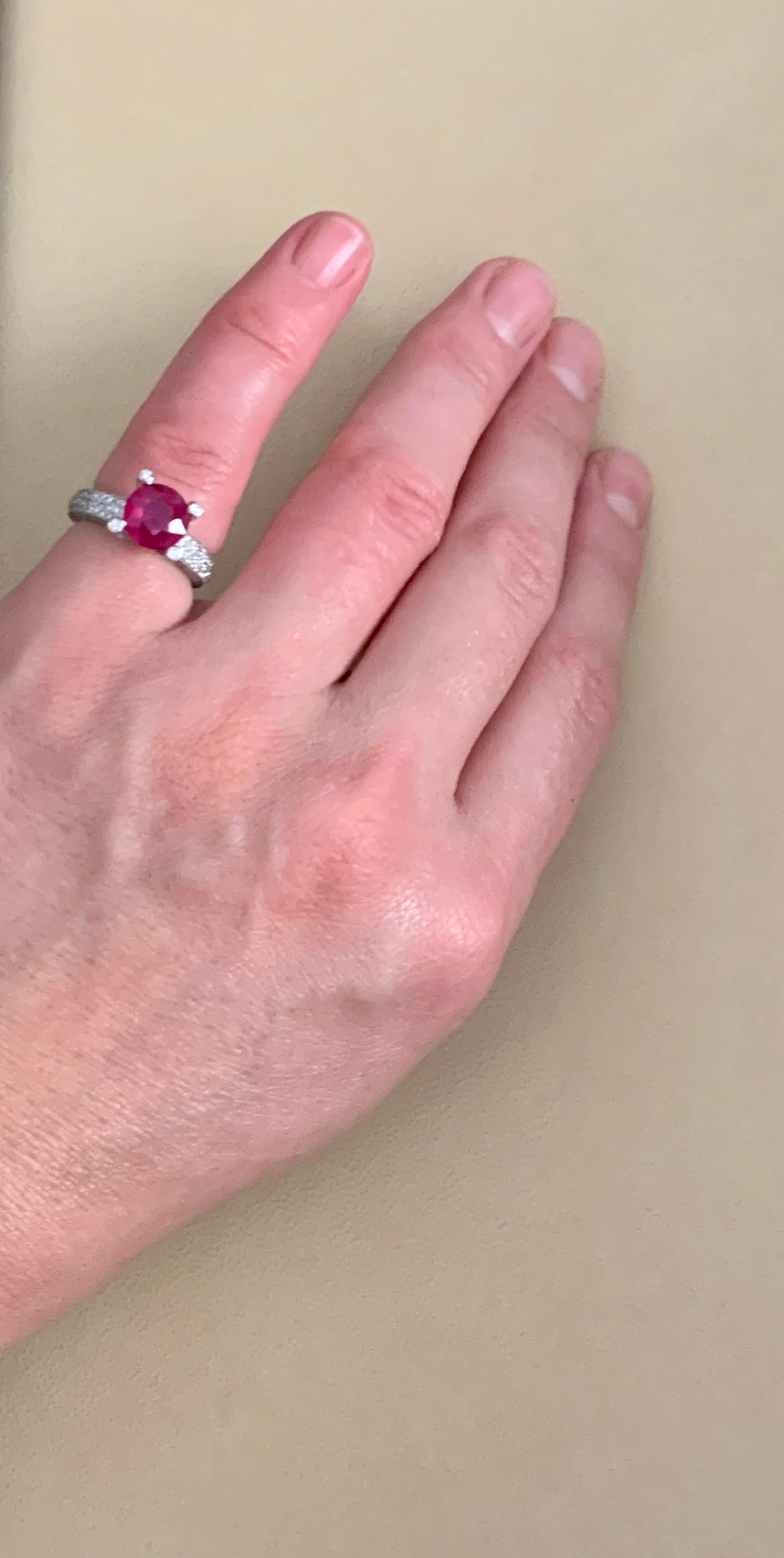 Women's 2 Carat Round Treated Ruby and Diamond Platinum Ring For Sale