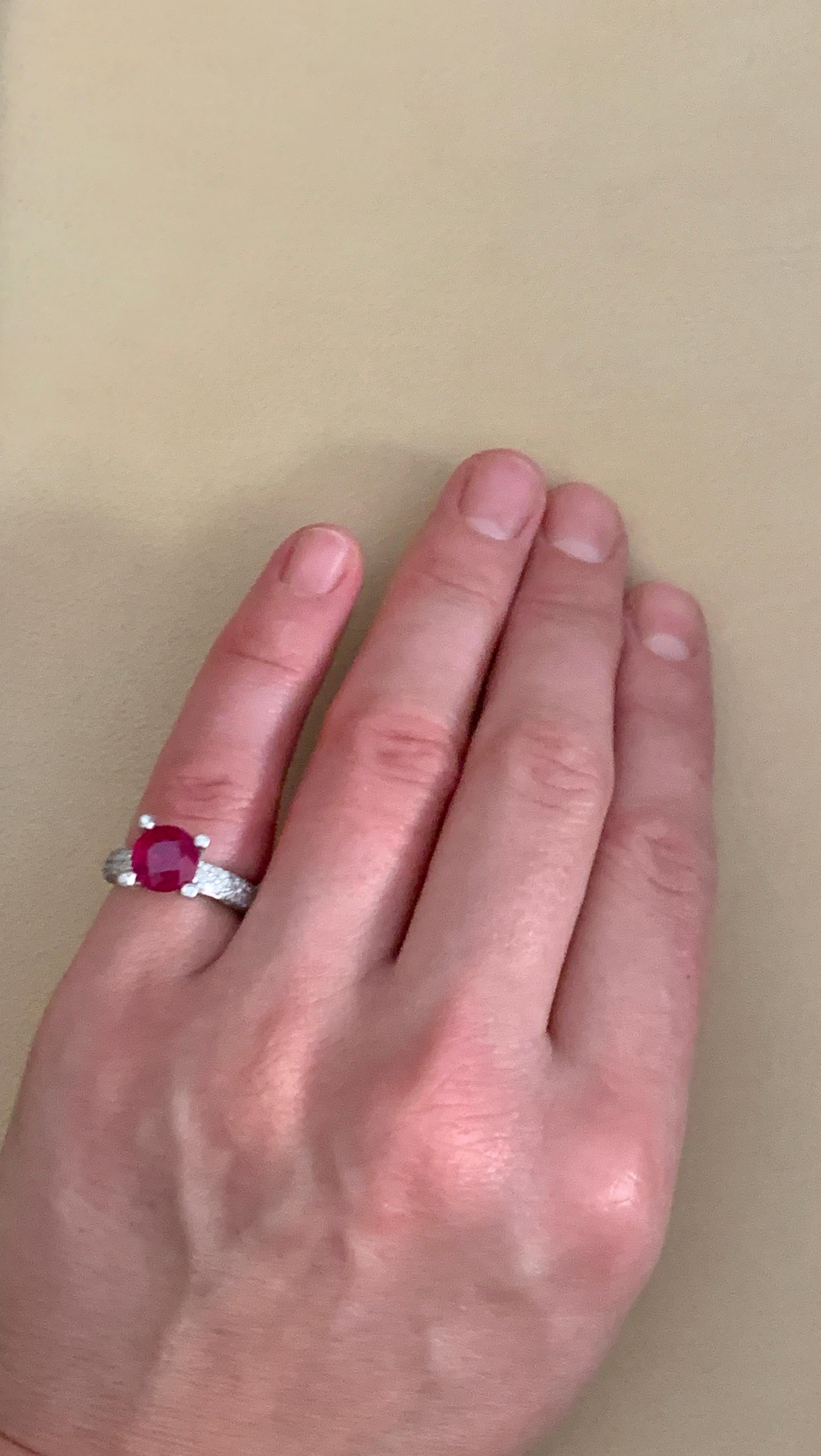 2 Carat Round Treated Ruby and Diamond Platinum Ring For Sale 2