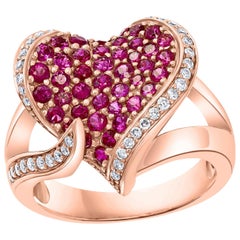 Bague en forme de cœur en or rose 18 carats avec rubis de 2 carats et diamants de 0,75 carat