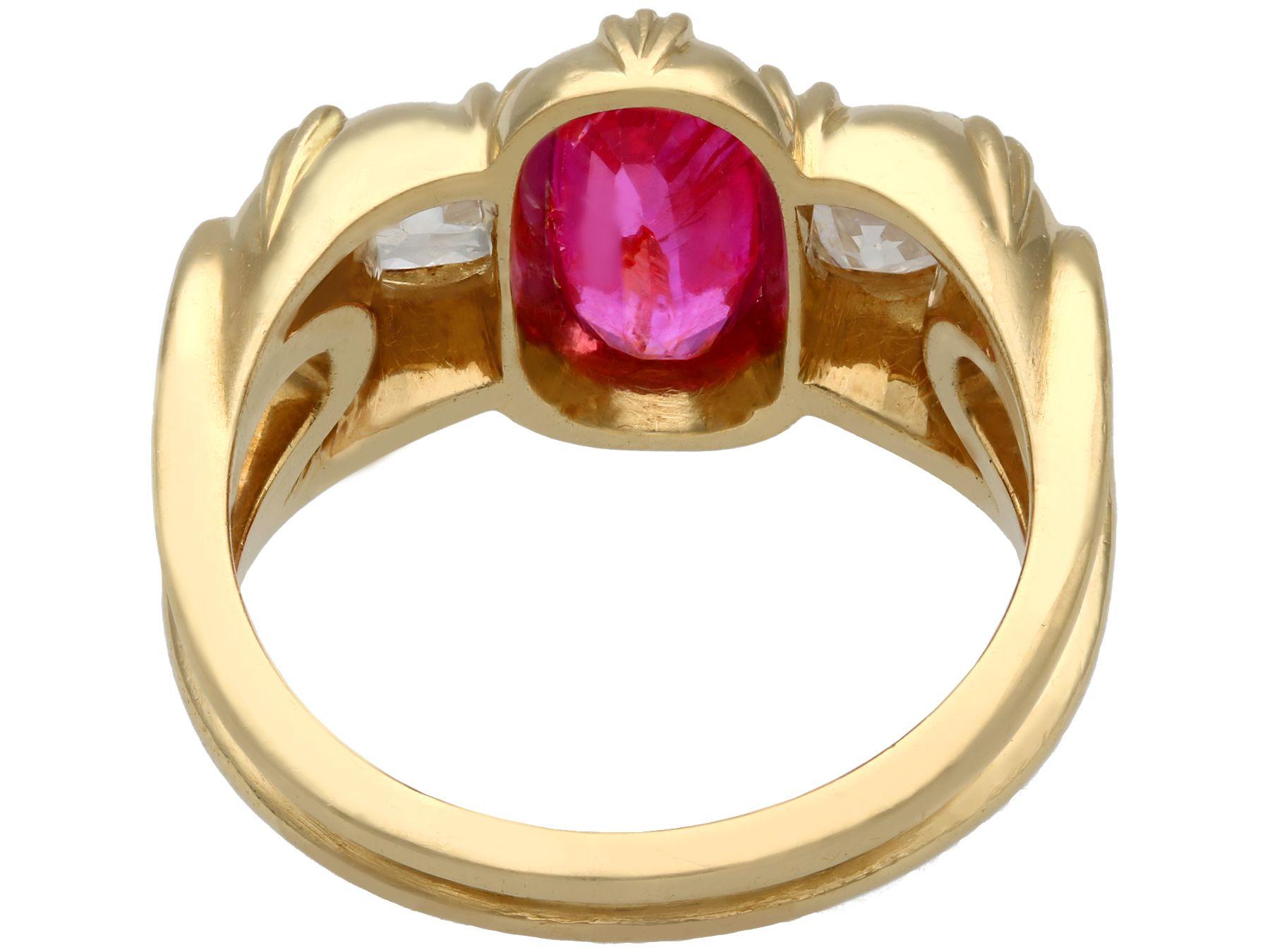 Antique 2 Carat Oval Cut Ruby and Diamond Yellow Gold Cocktail Ring In Excellent Condition For Sale In Jesmond, Newcastle Upon Tyne