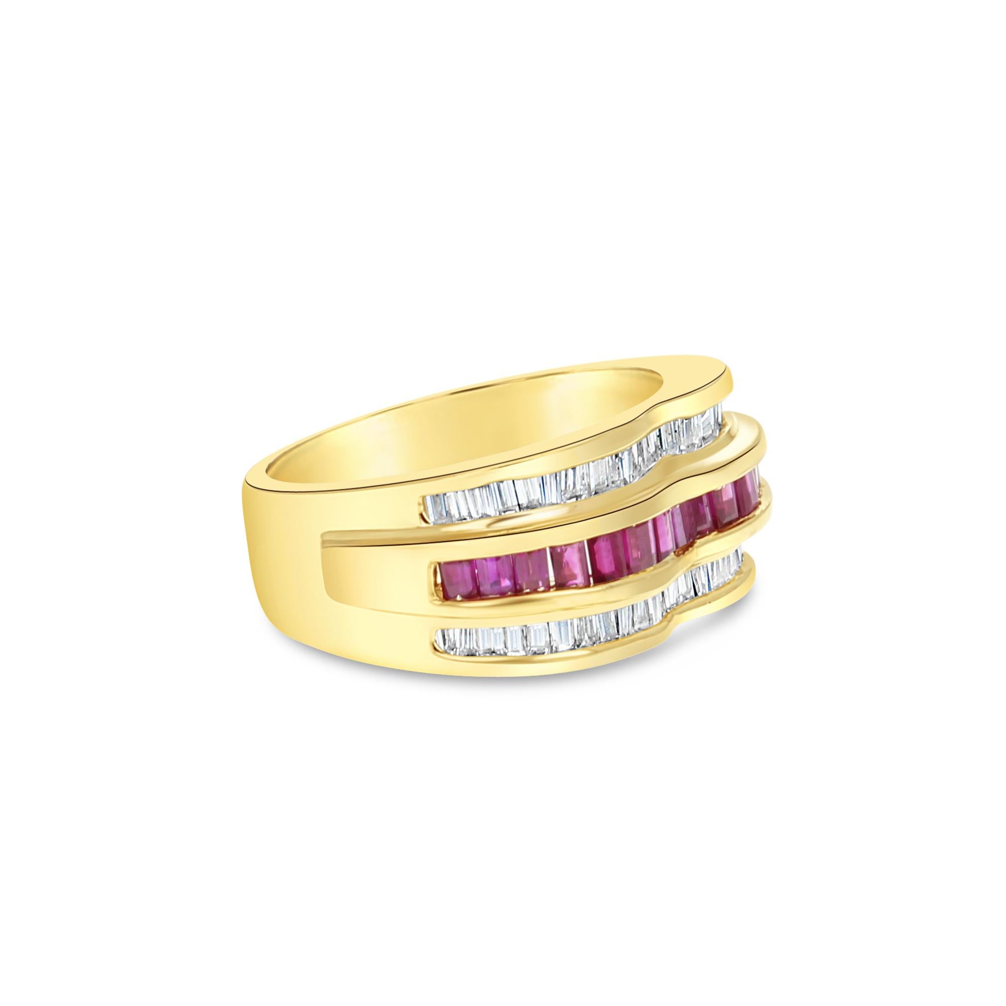 ♥ Product Summary ♥

Main Stone: Diamond & Ruby
Approx. Total Carat Weight: 2.00cttw
Diamond Cut: Baguette
Diamond Color: G/H
Diamond Clarity: VS2/SI1
Stone Cut: Baguette
Band Material: 14k Yellow Gold