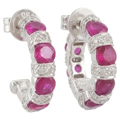 2 Carat Ruby Diamond Half Hoop Earrings in 18k White Gold