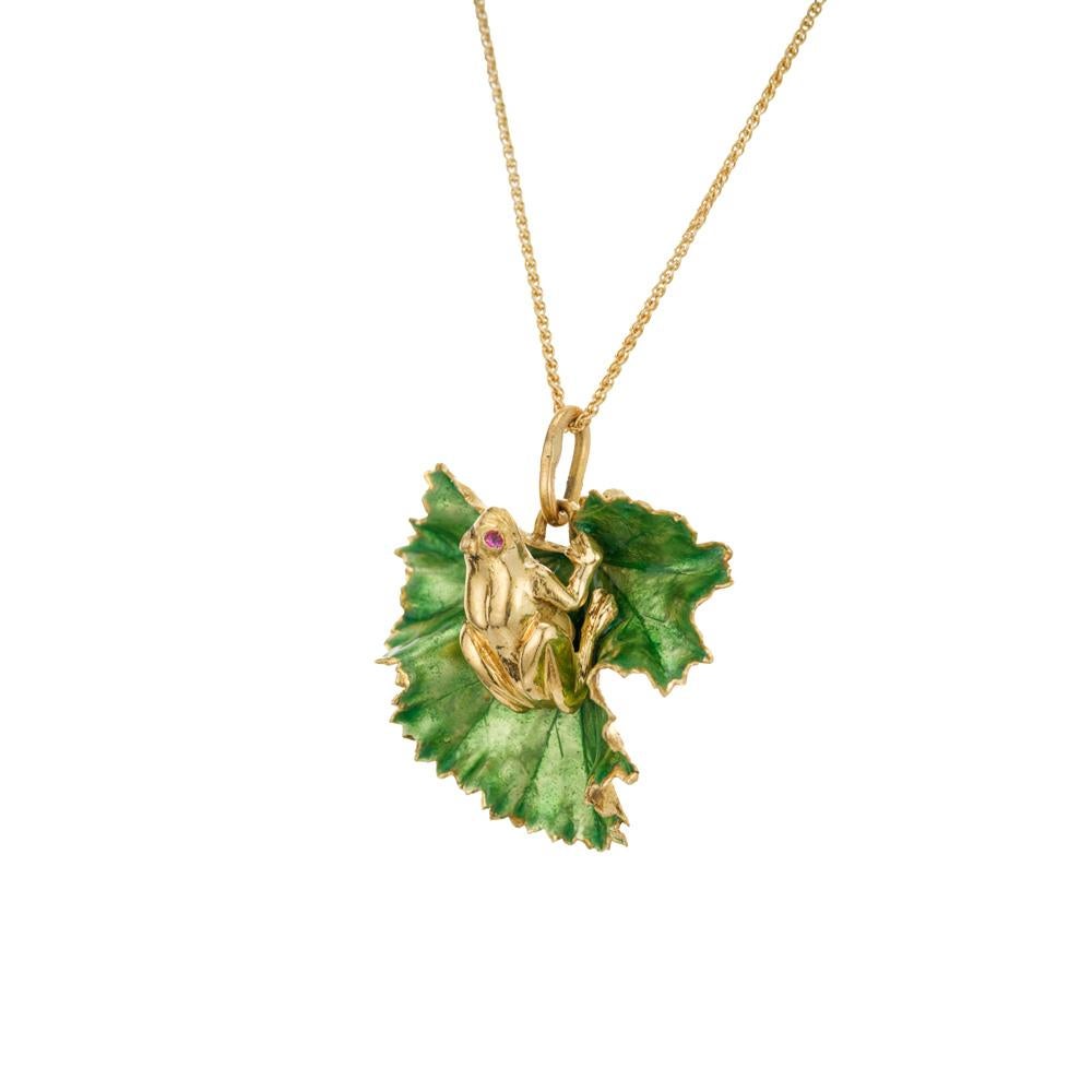 Round Cut .2 Carat Ruby Yellow Gold Frog Enamel Leaf Pendant Necklace  For Sale