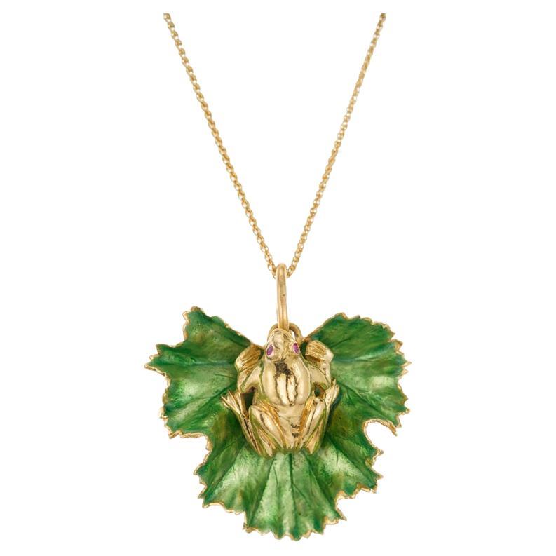 .2 Carat Ruby Yellow Gold Frog Enamel Leaf Pendant Necklace  For Sale