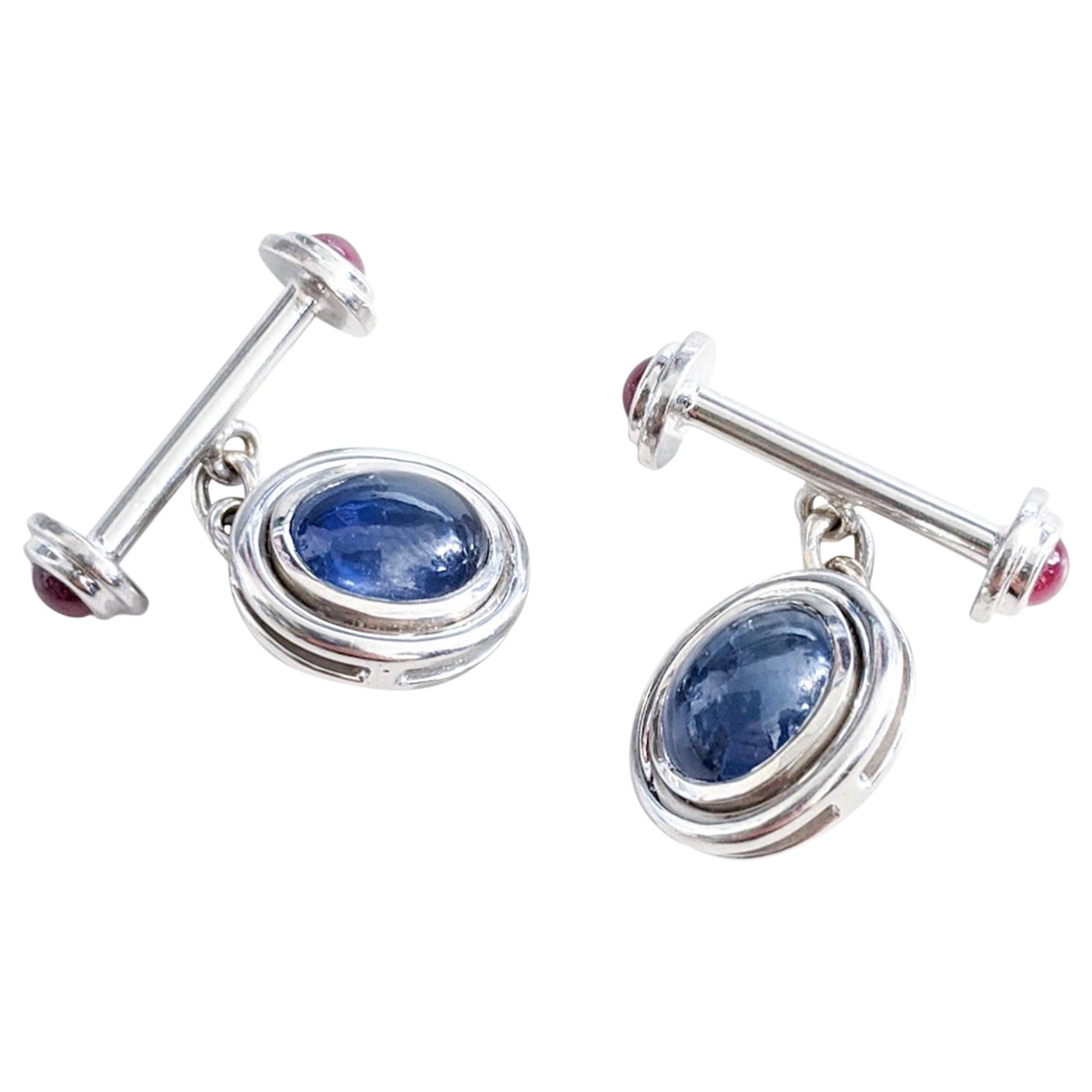 2 Carat Sapphire Cabochon and 18 Karat White Gold Cufflinks For Sale
