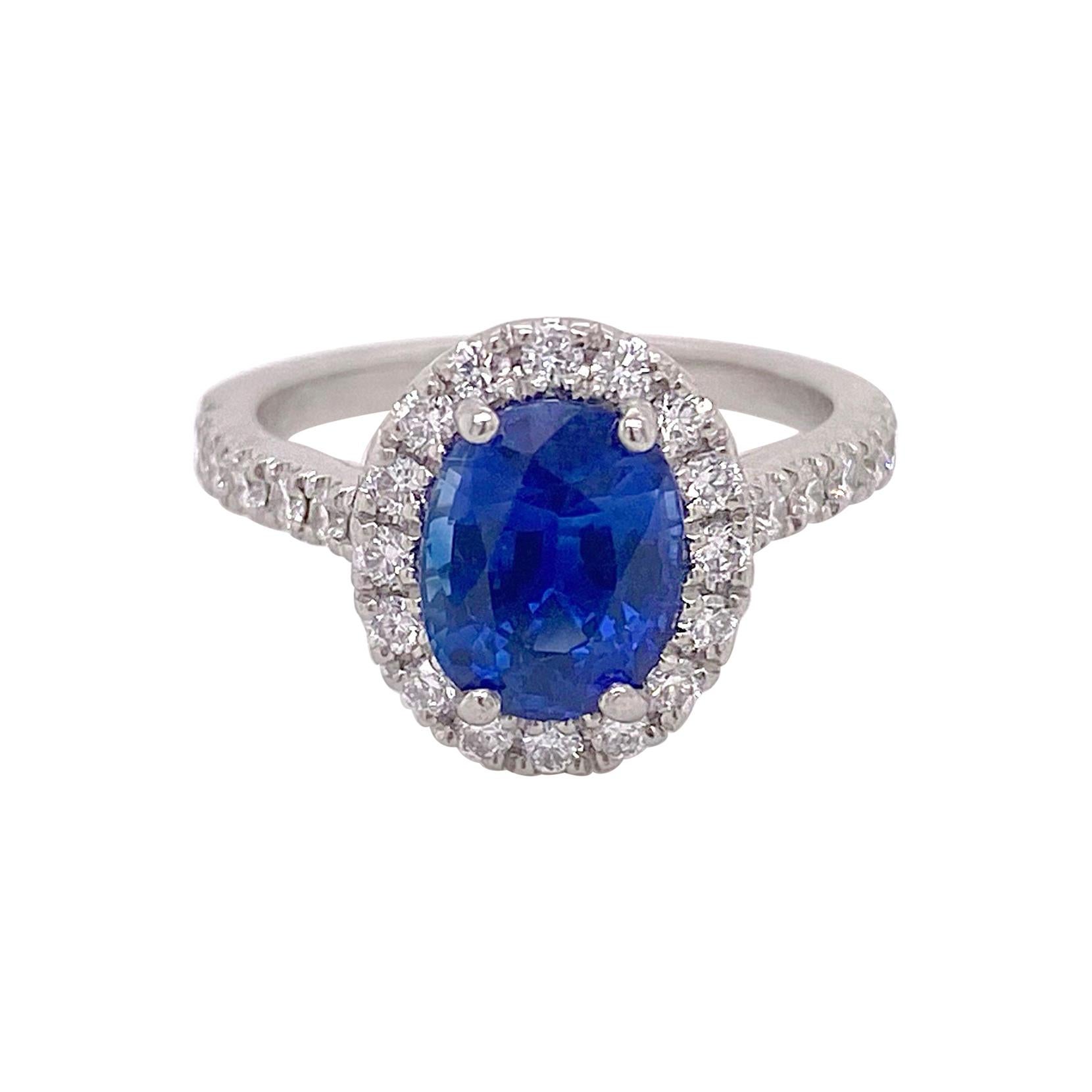 2 Carat Sapphire & Diamond Halo Engagement Ring Oval Sapphire For Sale