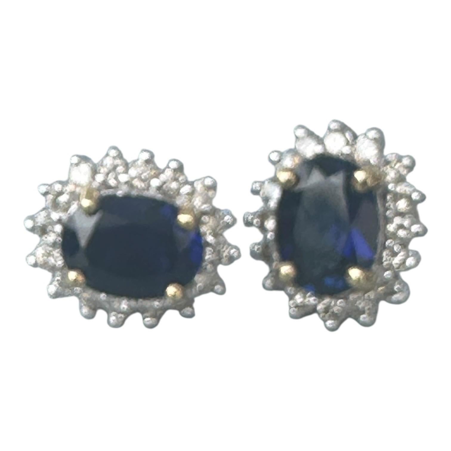 2 carats Saphir Diamant, Boucles d'oreilles Halo, or bicolore