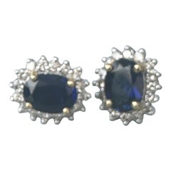 2 carats Saphir Diamant, Boucles d'oreilles Halo, or bicolore