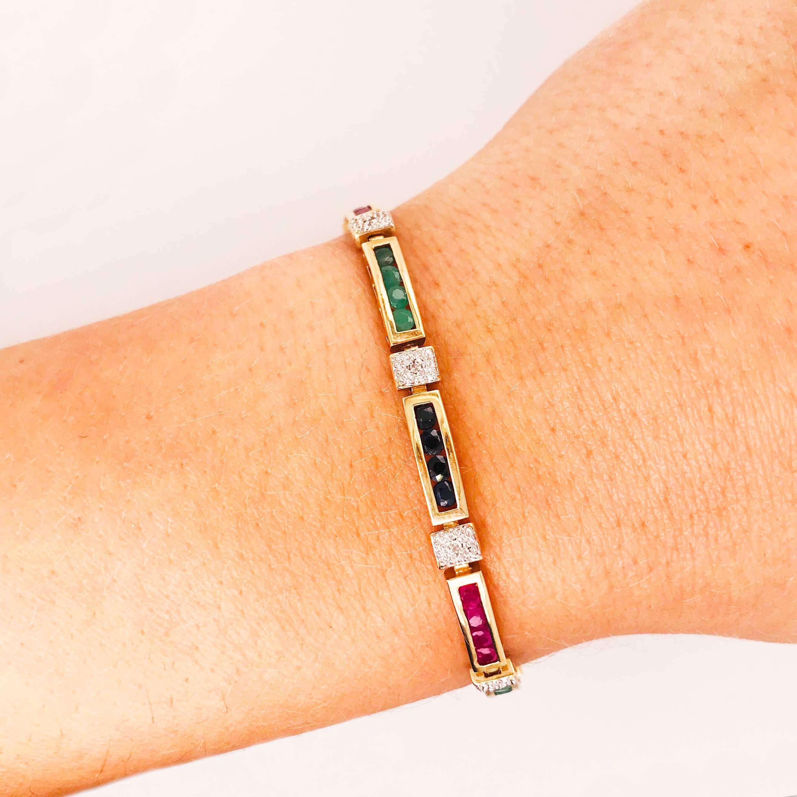 A geometrical sapphire, ruby, and emerald bracelet makes a nice addition to any wrist or layered bracelets!  Set in 14 karat yellow gold, this bracelet is constructed nicely with the genuine, authentic gemstones set in a channel with diamonds