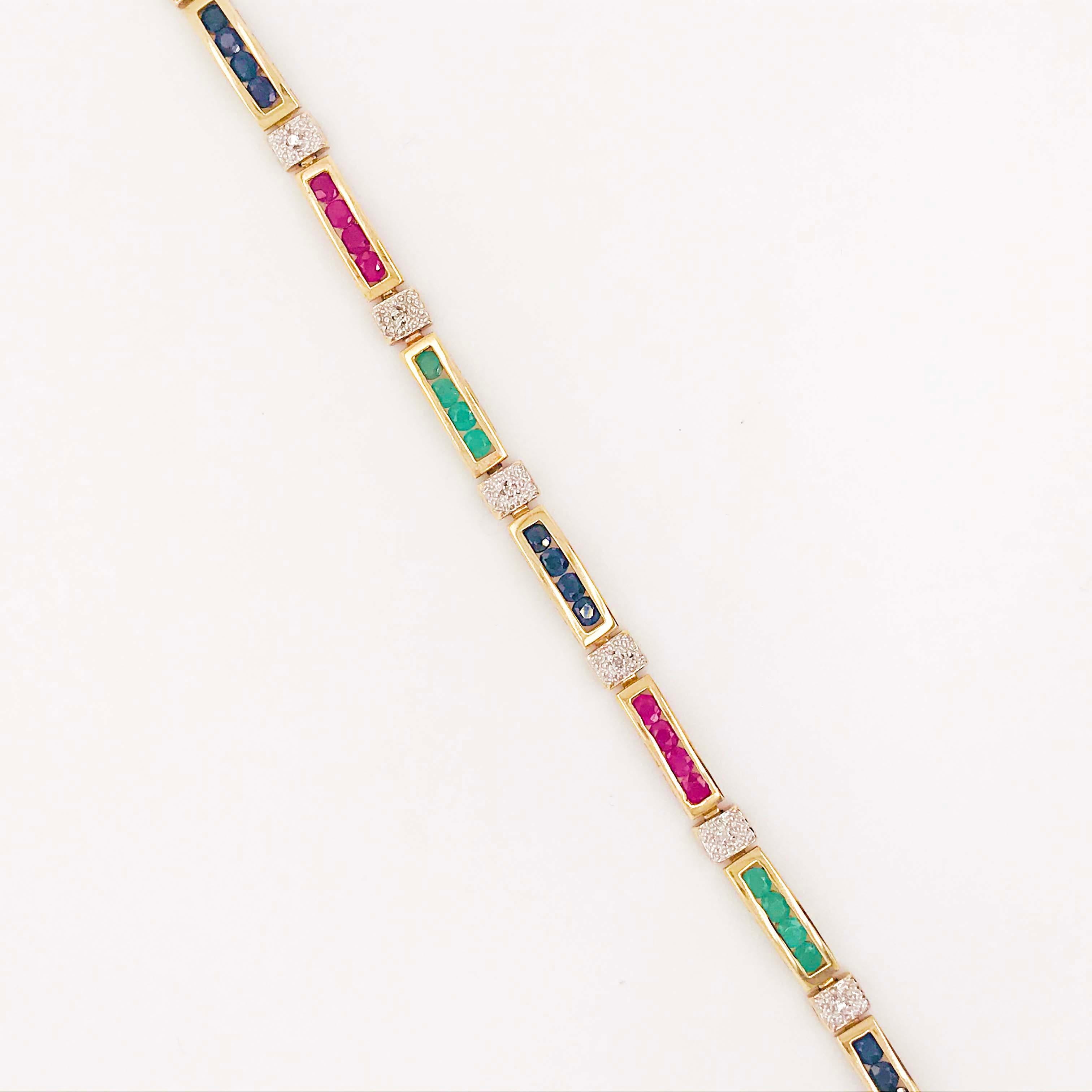 Round Cut 2 Carat Sapphire, Ruby Emerald Tennis Bracelet Set in Solid 14 Karat Yellow Gold