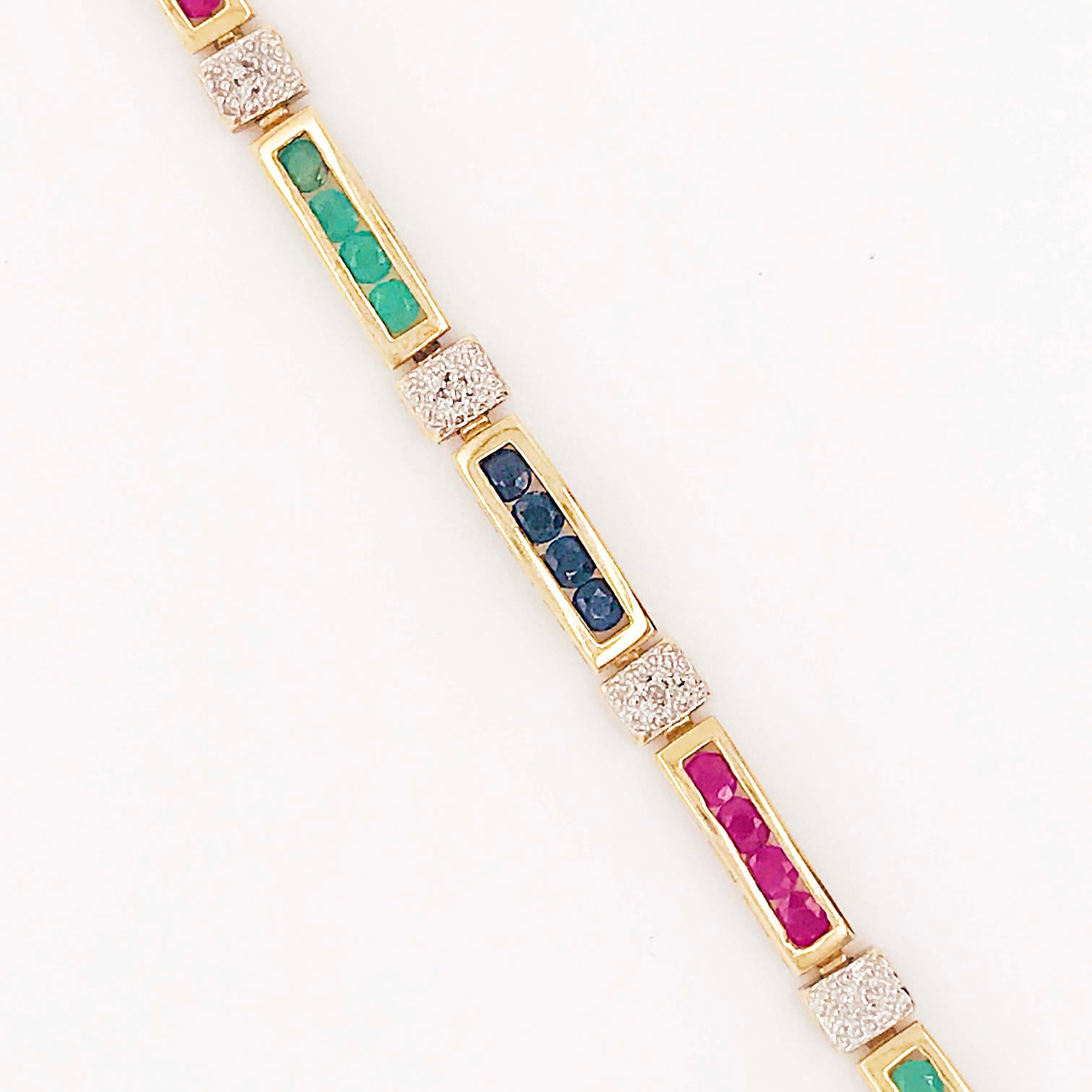 2 Carat Sapphire, Ruby Emerald Tennis Bracelet Set in Solid 14 Karat Yellow Gold In Excellent Condition In Austin, TX