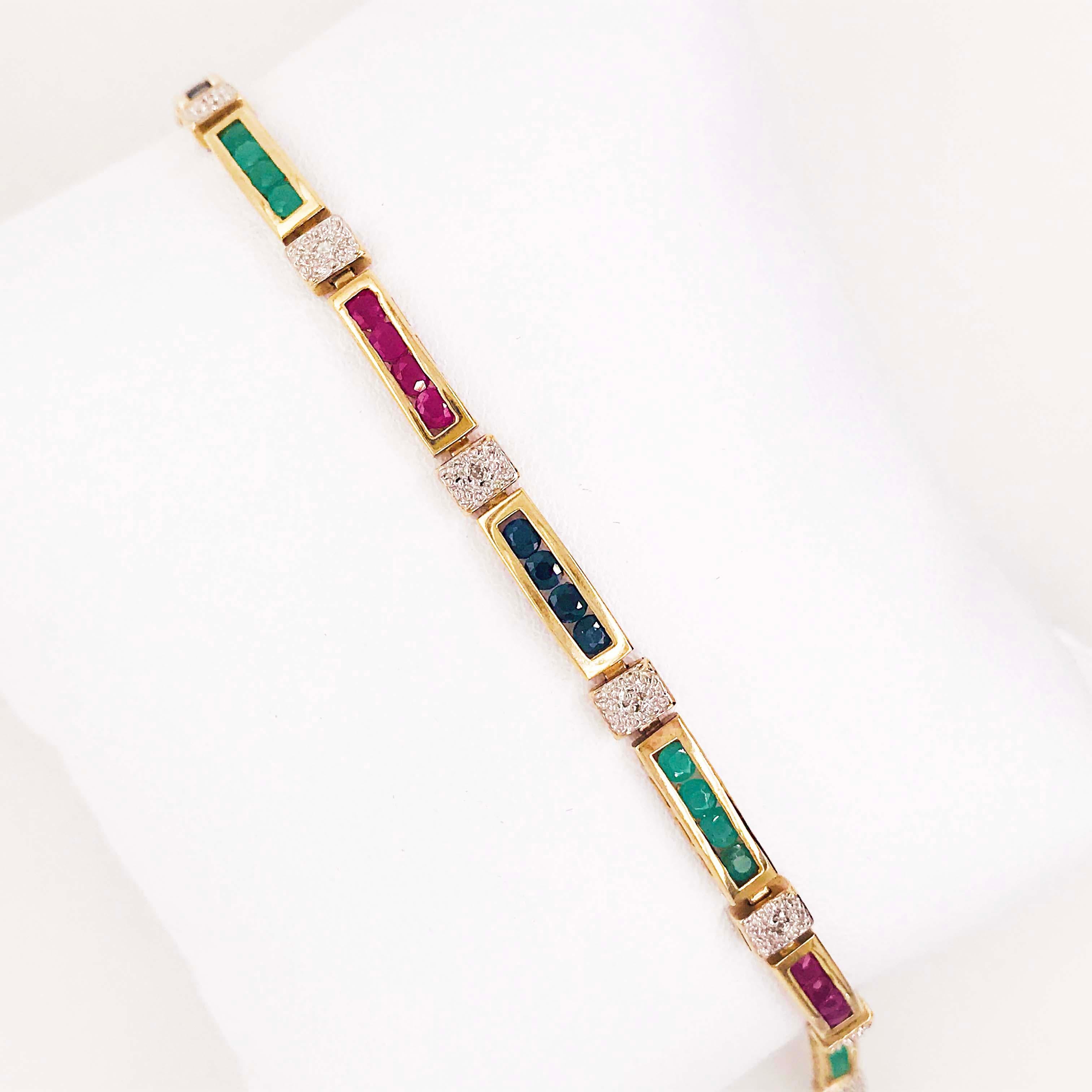 2 Carat Sapphire, Ruby Emerald Tennis Bracelet Set in Solid 14 Karat Yellow Gold 1