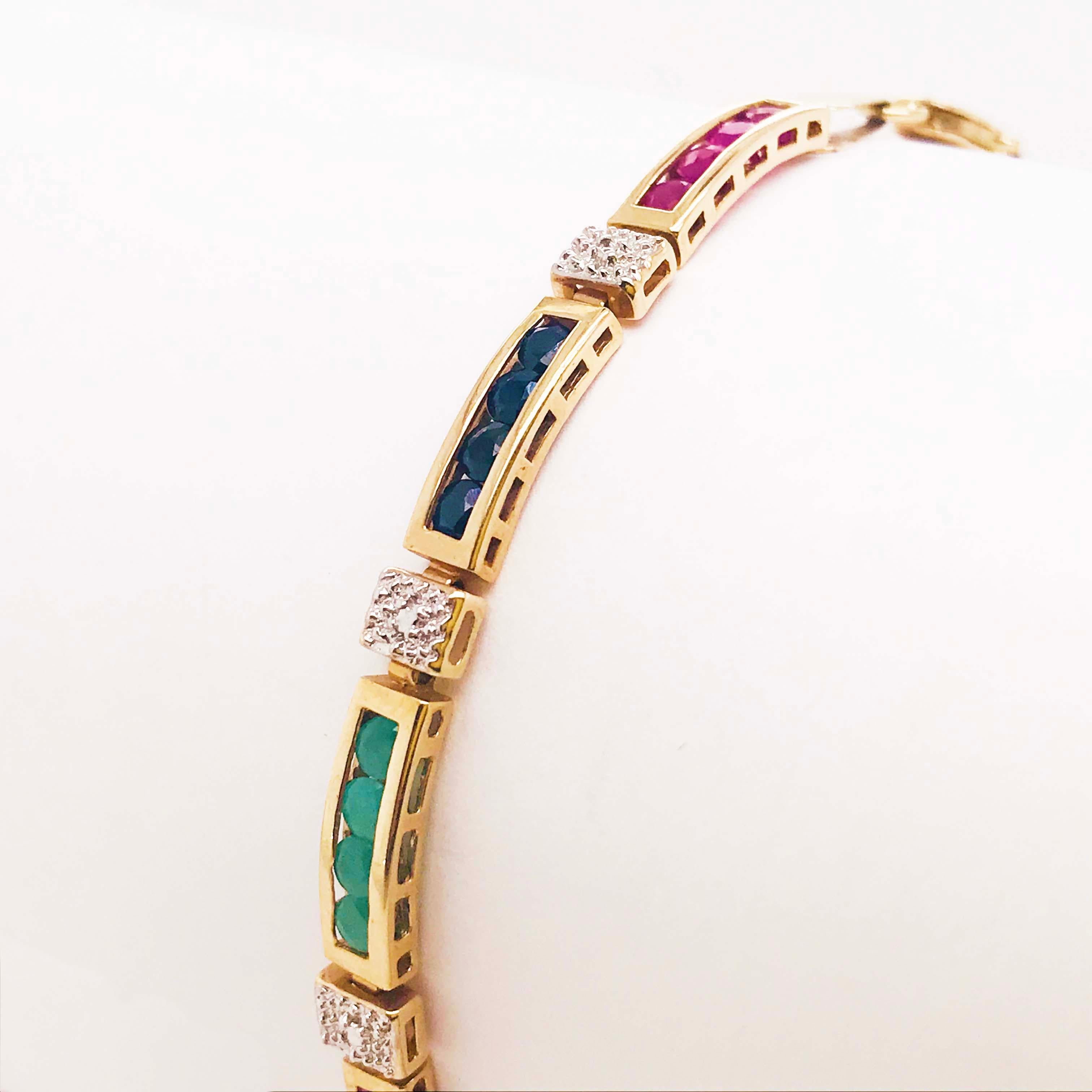 2 Carat Sapphire, Ruby Emerald Tennis Bracelet Set in Solid 14 Karat Yellow Gold 3