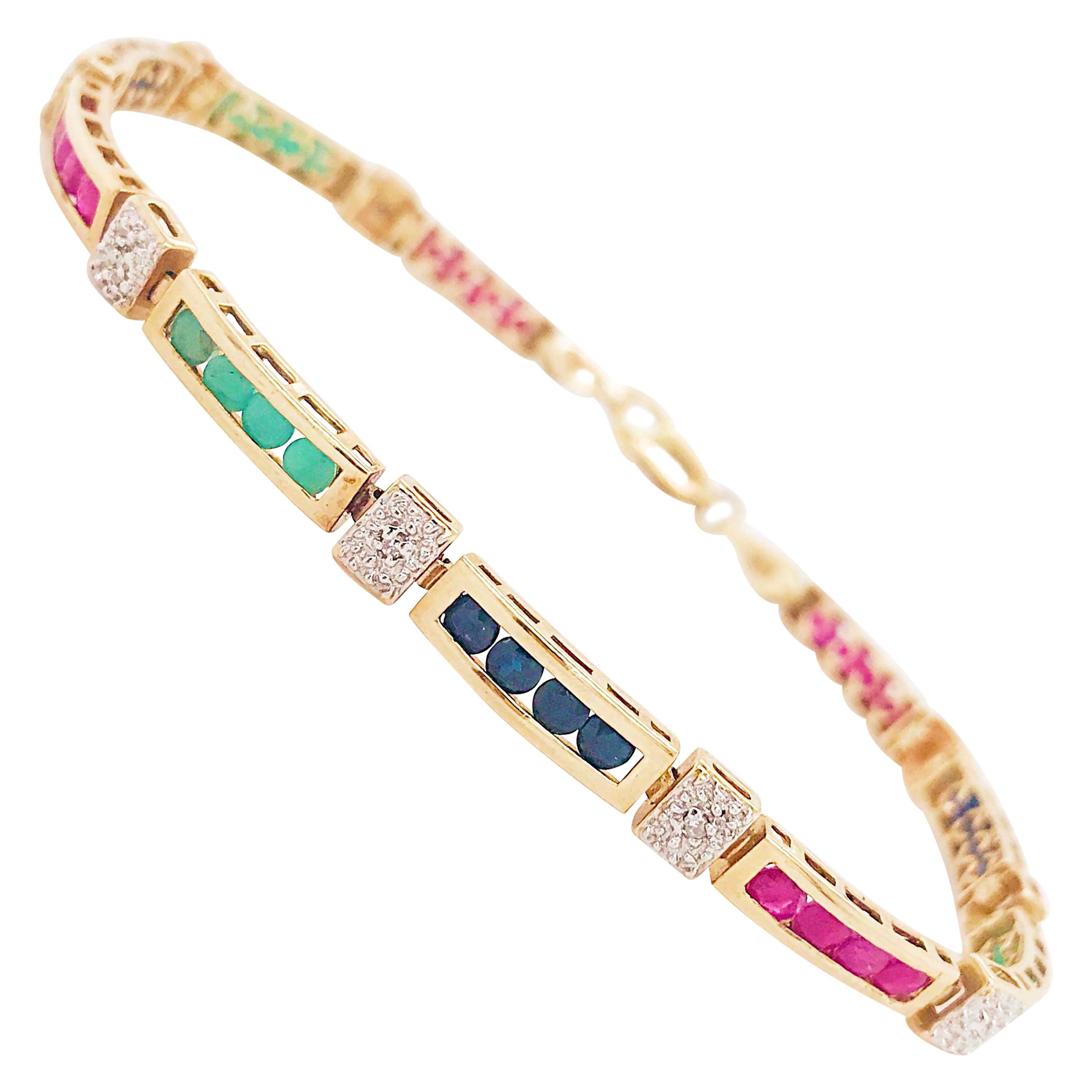 2 Carat Sapphire, Ruby Emerald Tennis Bracelet Set in Solid 14 Karat Yellow Gold