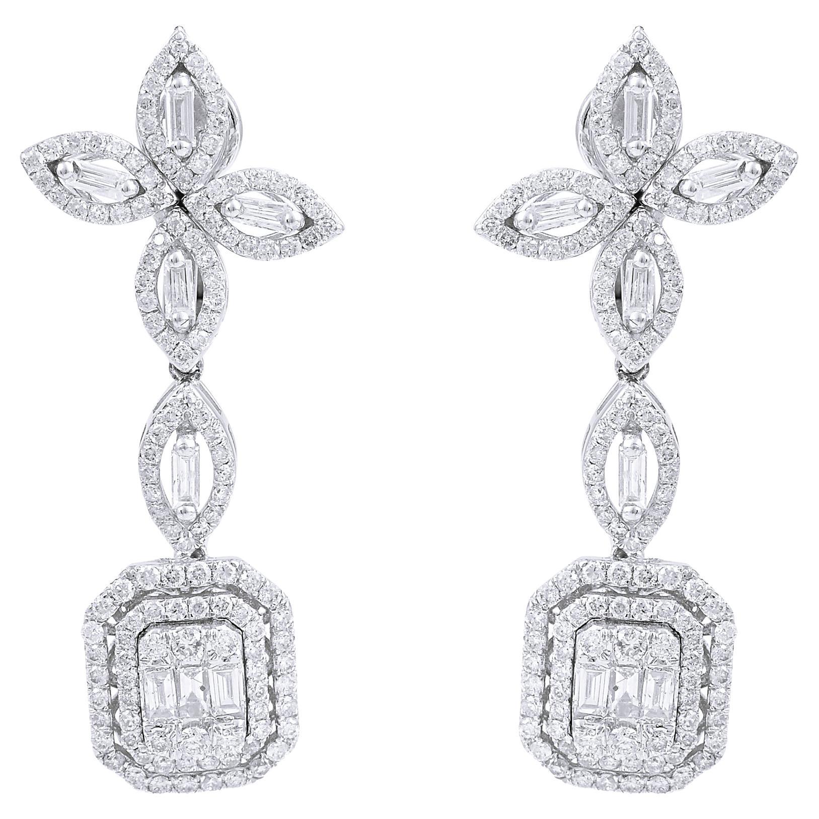 2 Carat SI Clarity HI Color Baguette Diamond Dangle Earrings 18 Karat White Gold For Sale