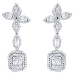 2 Carat SI Clarity HI Color Baguette Diamond Dangle Earrings 18 Karat White Gold