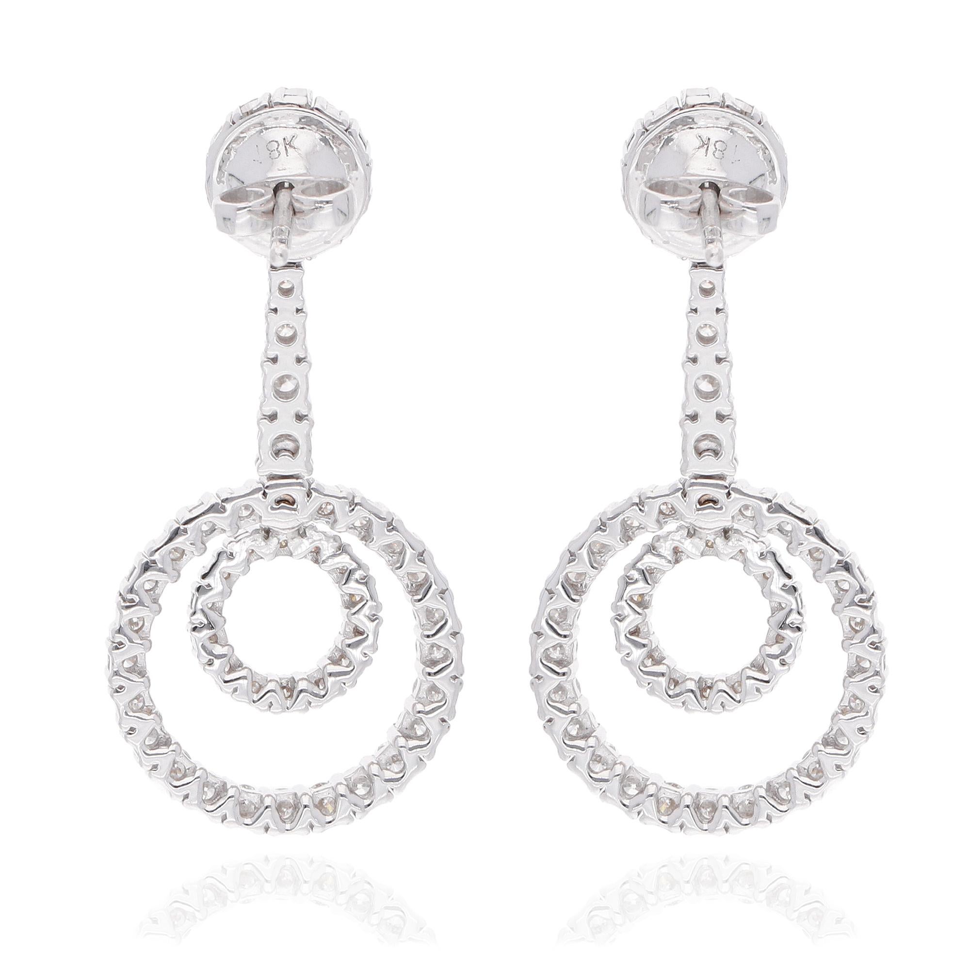 Women's 2 Carat SI Clarity HI Color Diamond Circle Dangle Earrings 18 Karat White Gold For Sale