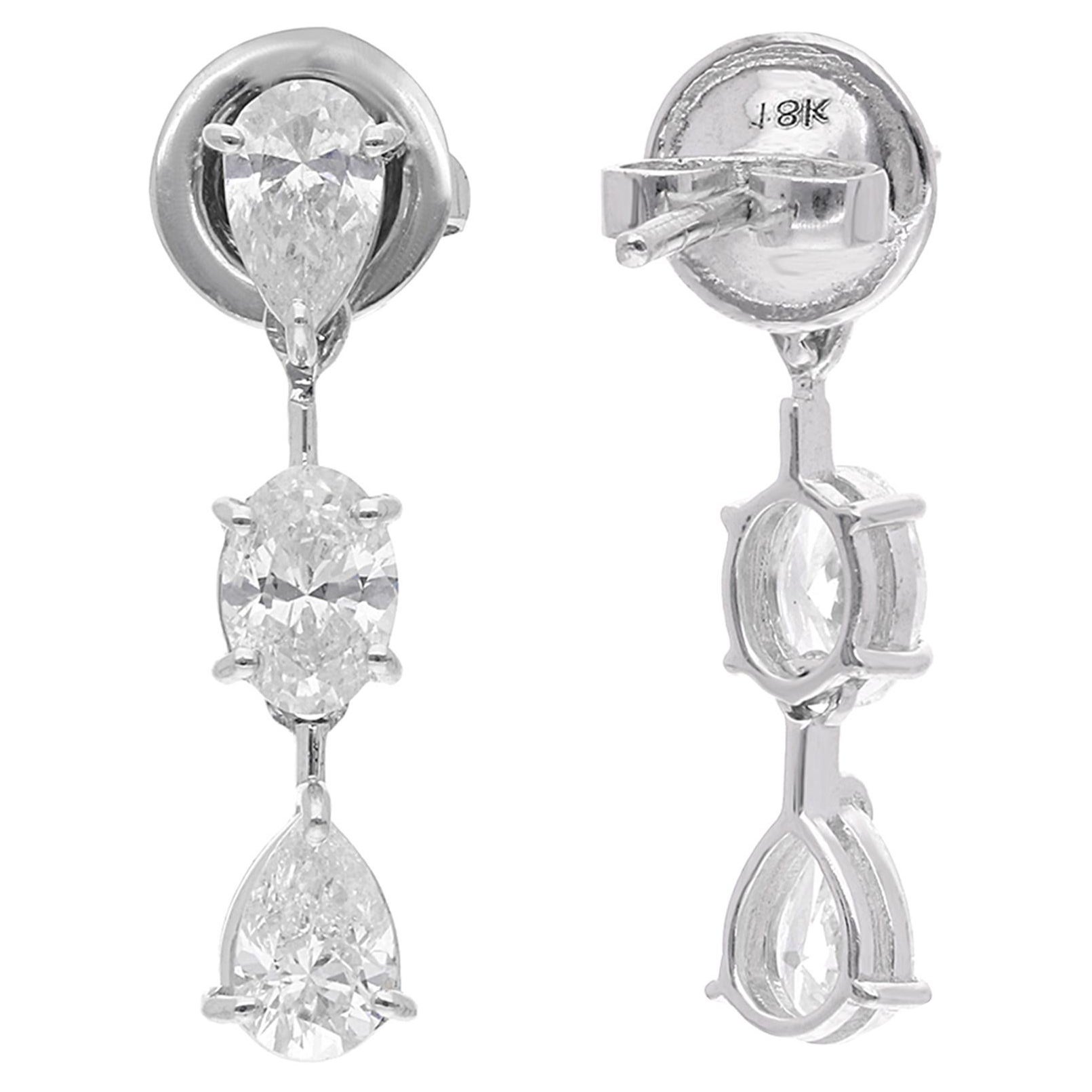 Pear Cut 2 Carat SI Clarity HI Color Diamond Dangle Drop Earrings 14 Karat White Gold For Sale
