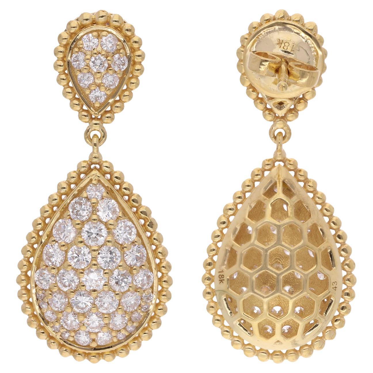 2 Carat SI Clarity HI Color Diamond Dangle Earrings 18 Karat Yellow Gold Jewelry