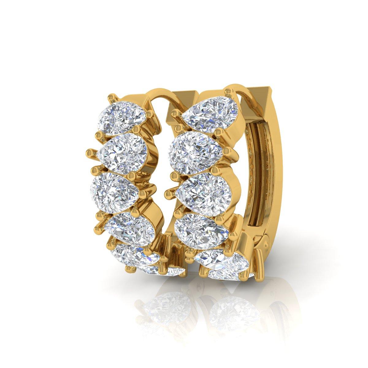 Modern 2 Carat SI Clarity HI Color Pear Brilliant Cut Diamond Yellow Gold Hoop Earrings For Sale