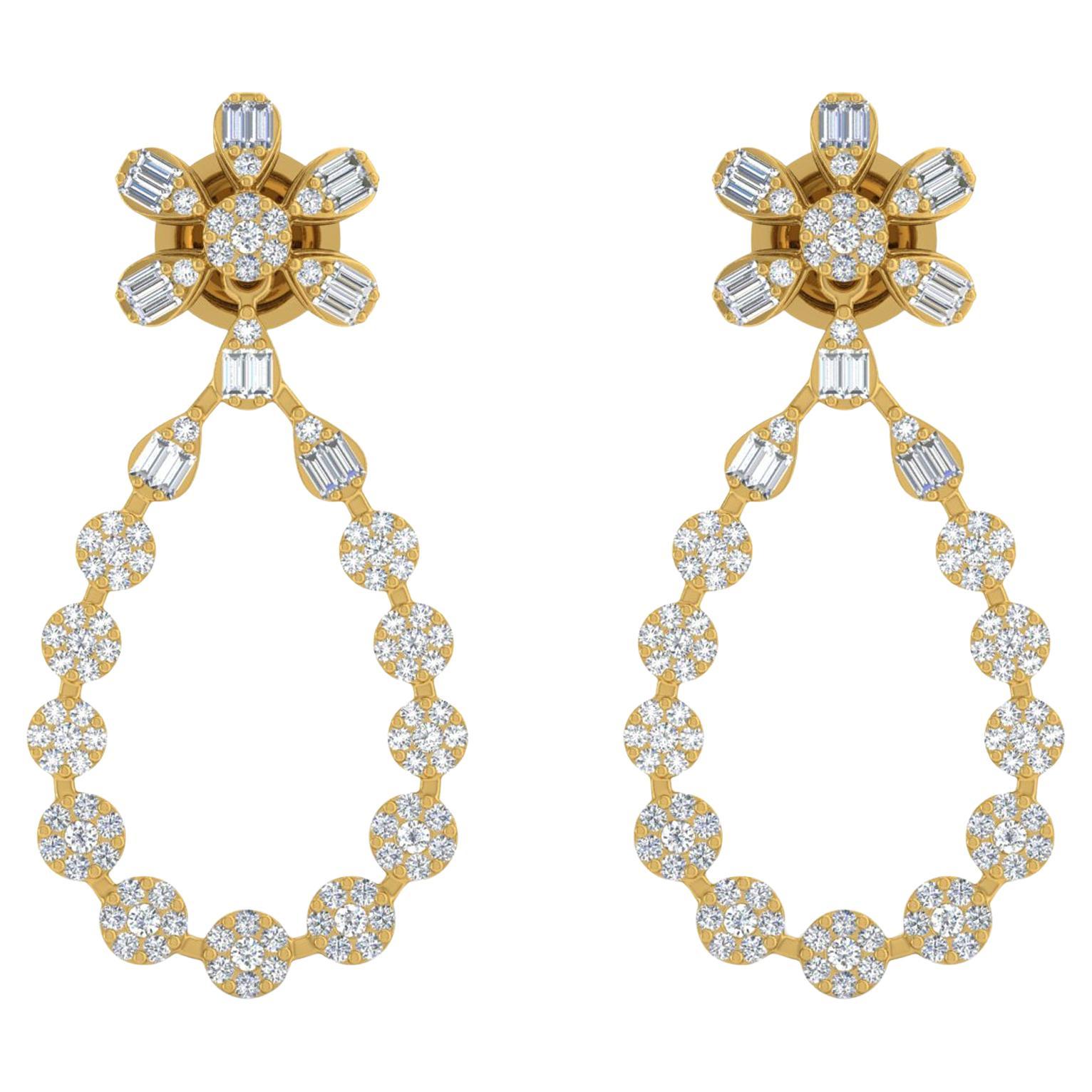 Pendientes de diamantes talla brillante redonda baguette SI/H de 2 quilates y 14 quilates de oro amarillo