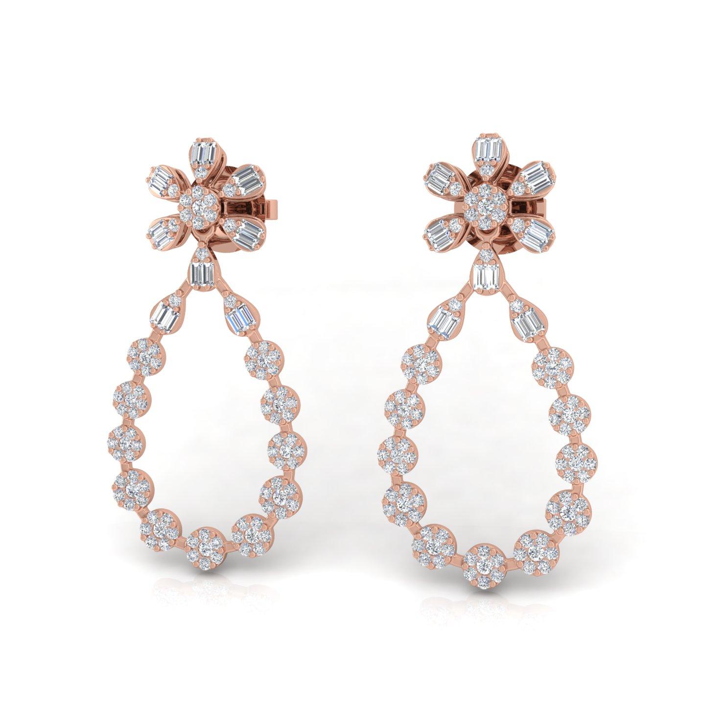 Taille baguette Boucles d'oreilles 2 Carat SI/H Baguette Diamant rond taille brillant Or rose 18 carats en vente
