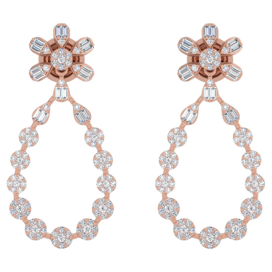 2 Carat SI/H Baguette Round Brilliant Cut Diamond Earrings 18 Karat Rose Gold