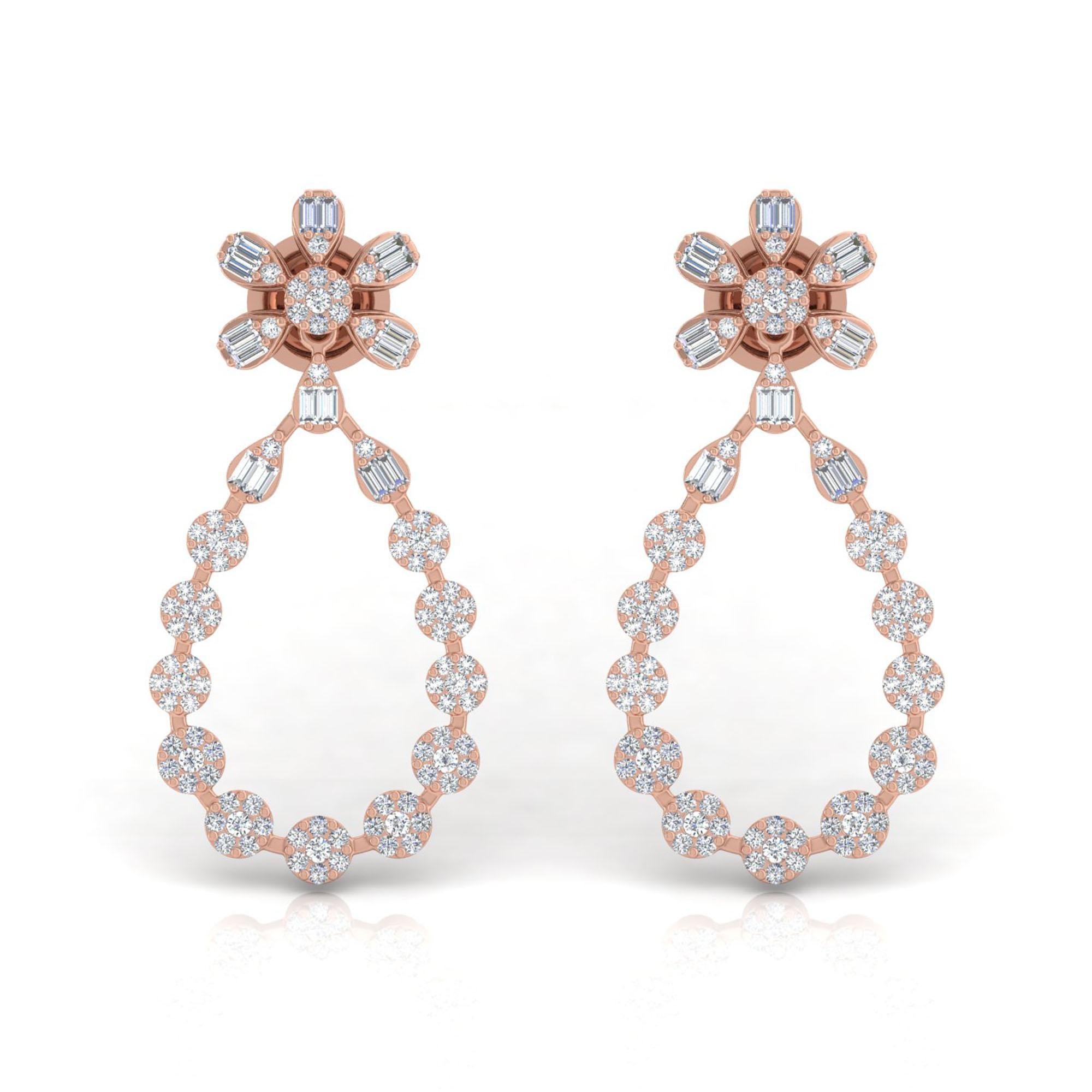 Pendientes de diamantes talla brillante redonda baguette SI/H de 2 quilates Oro rosa de 18 quilates