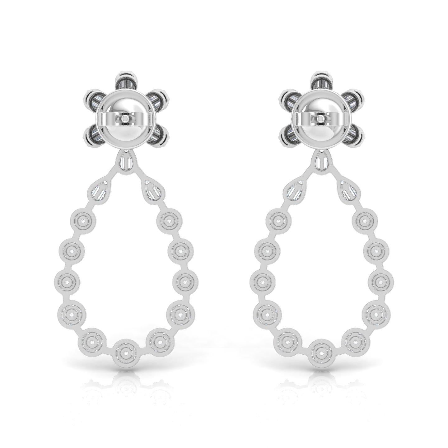 Moderne Boucles d'oreilles 2 Carat SI/H Baguette Diamant rond taille brillant Or blanc 18 carats en vente
