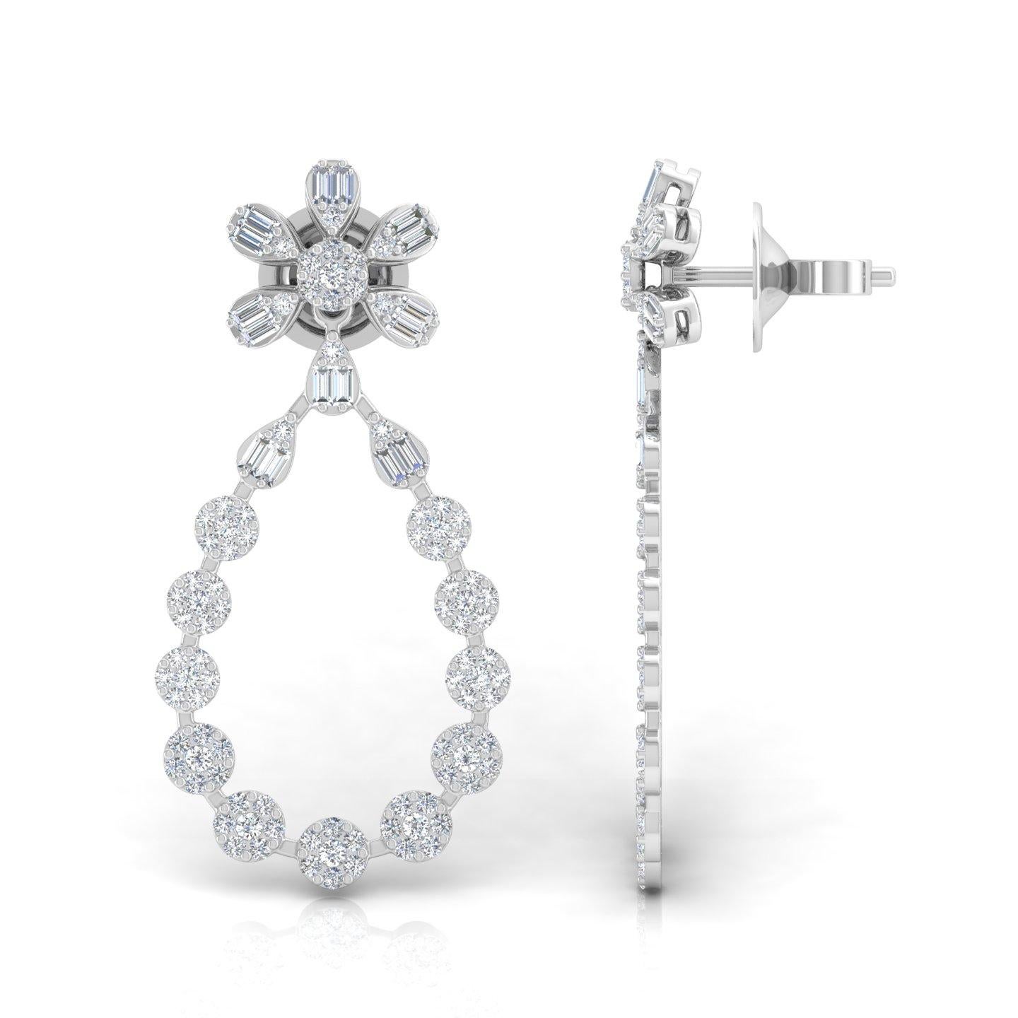 Taille baguette Boucles d'oreilles 2 Carat SI/H Baguette Diamant rond taille brillant Or blanc 18 carats en vente